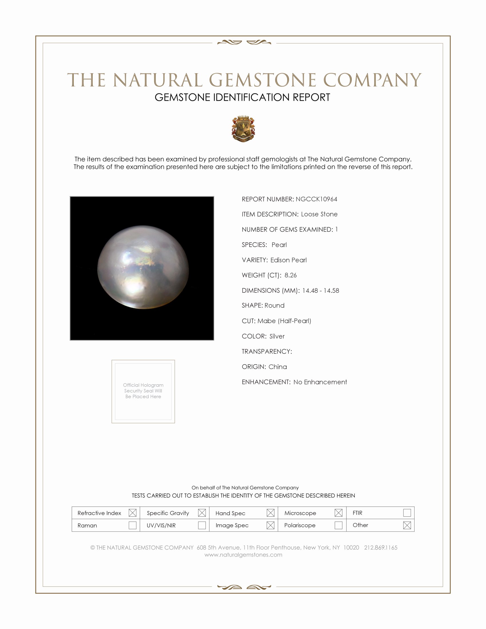 8.26 Ct. Silver Edison Pearl from China