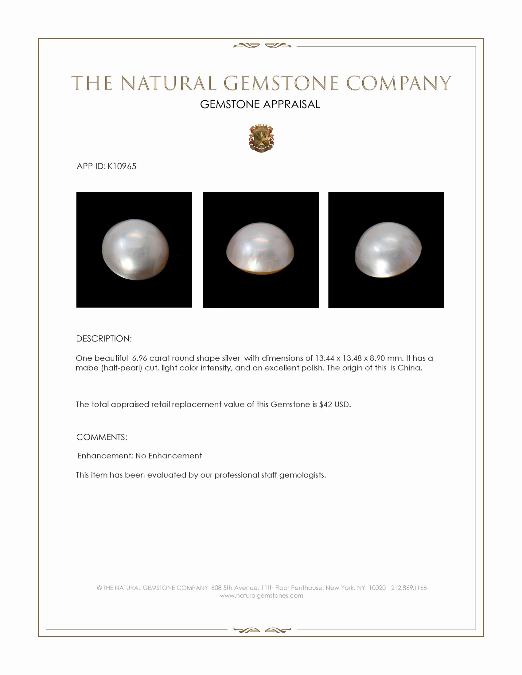 6.96 Ct. Silver Edison Pearl from China