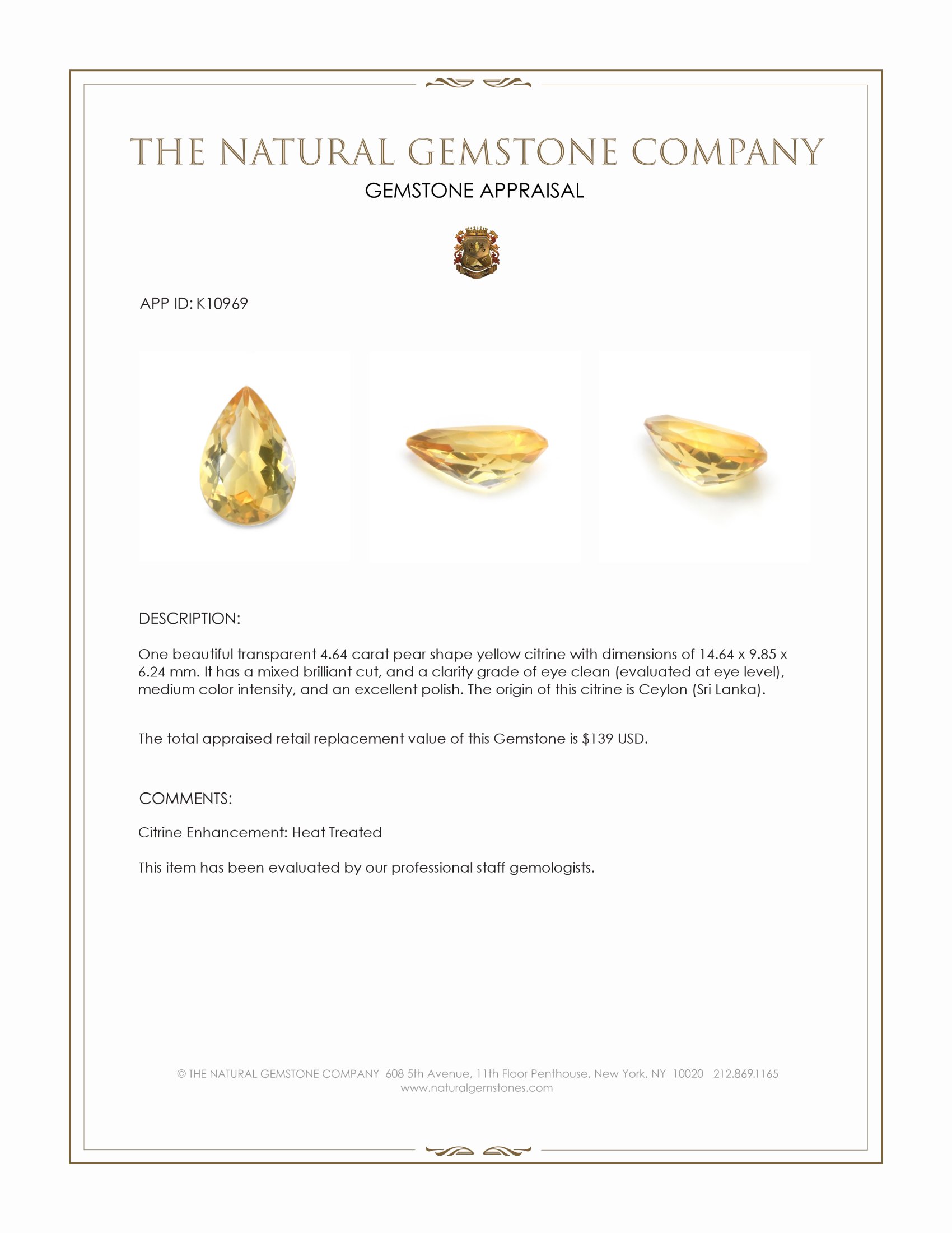 4.64 Ct. Yellow Citrine from Ceylon (Sri Lanka)