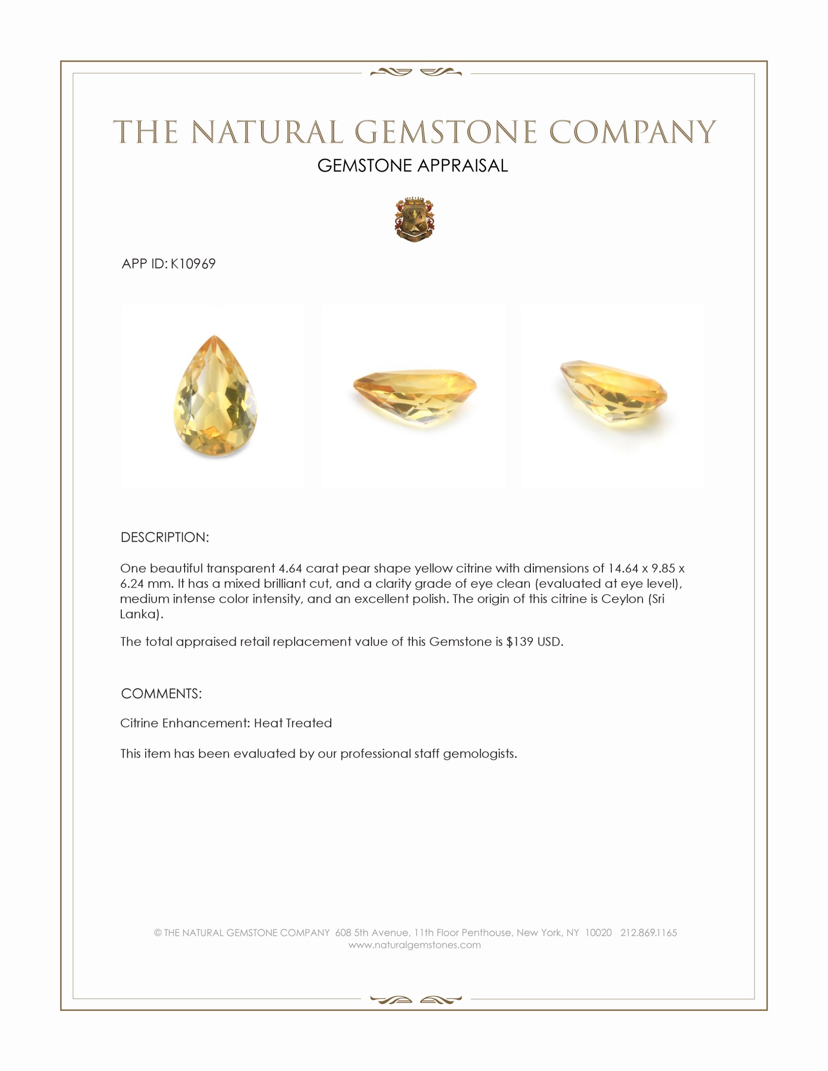 4.64 Ct. Citrine from Ceylon (Sri Lanka)