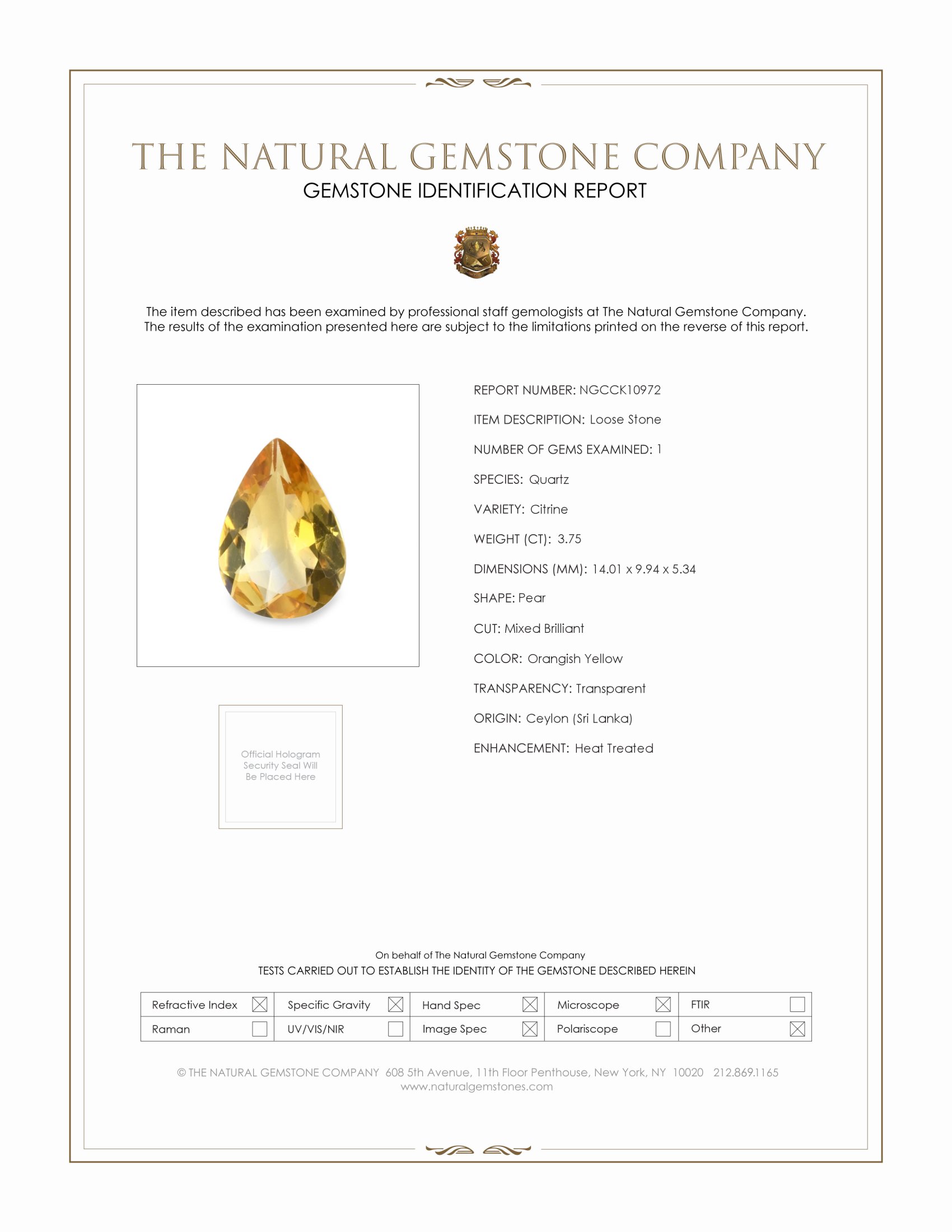 3.75 Ct. Orangish Yellow Citrine from Ceylon (Sri Lanka)