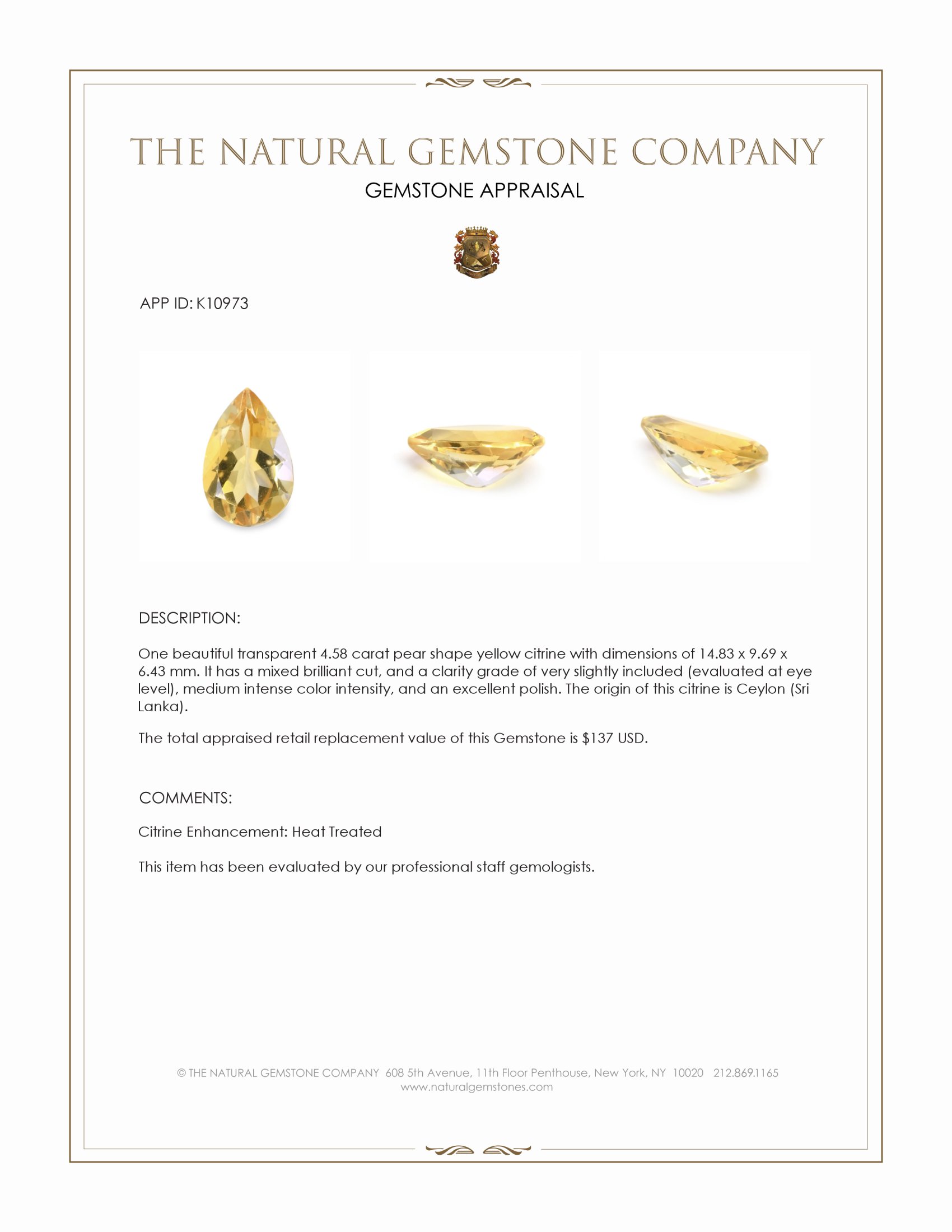 4.58 Ct. Citrine from Ceylon (Sri Lanka)