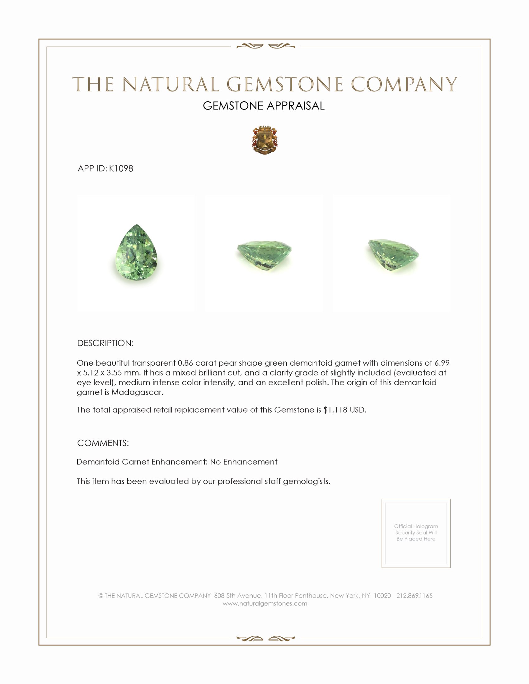 0.86 Ct. Demantoid Garnet from Madagascar