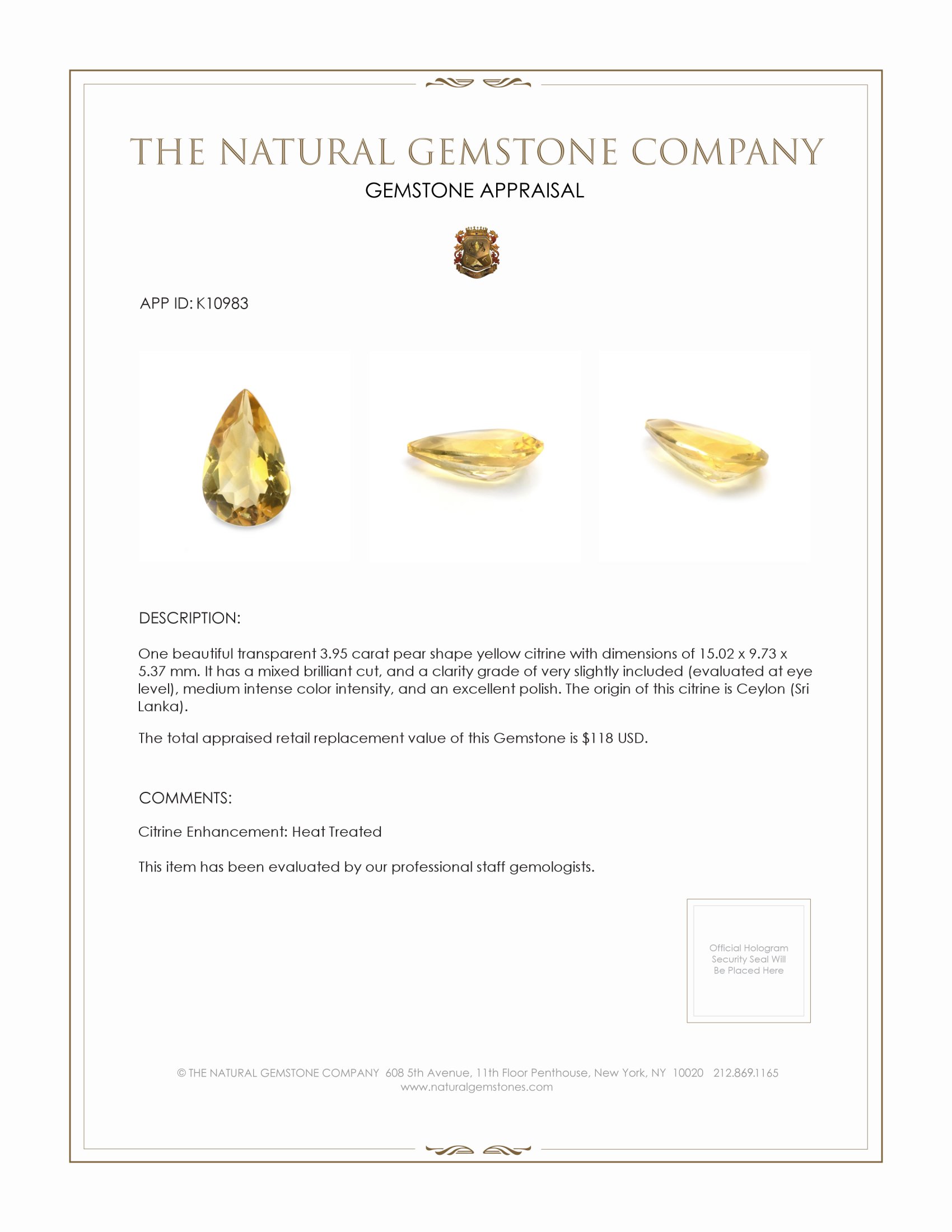 3.95 Ct. Yellow Citrine from Ceylon (Sri Lanka)