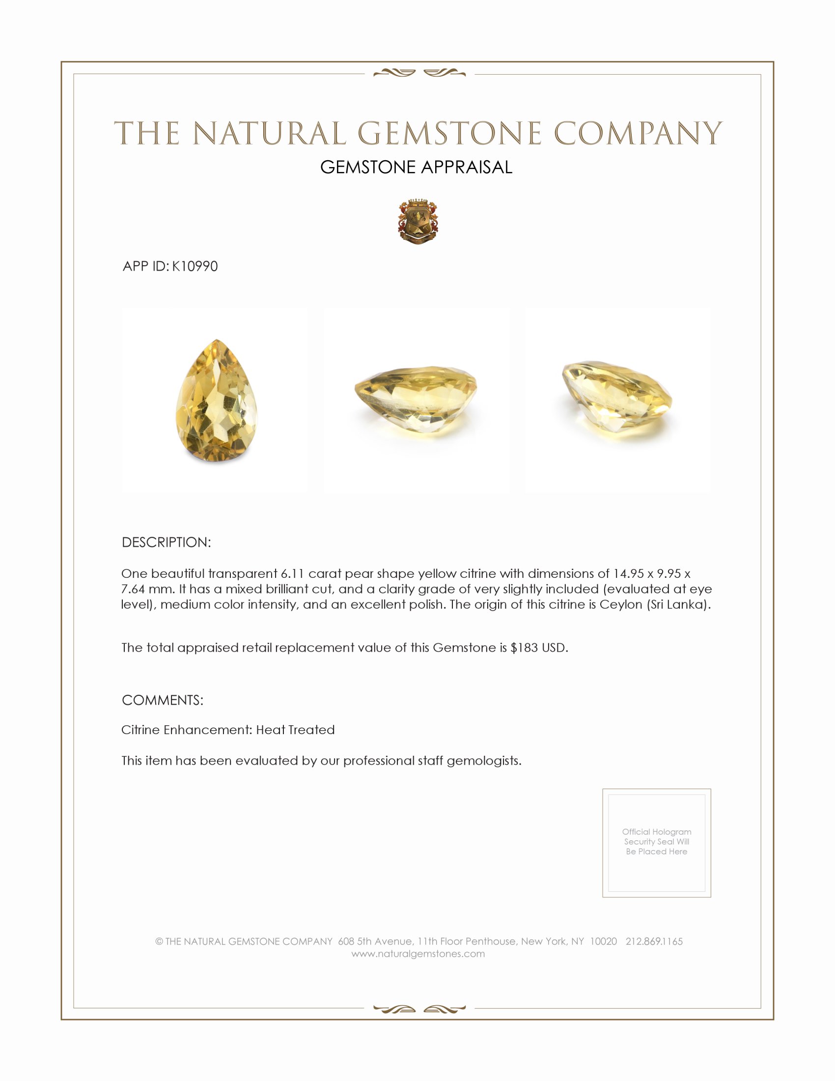 6.11 Ct. Citrine from Ceylon (Sri Lanka)