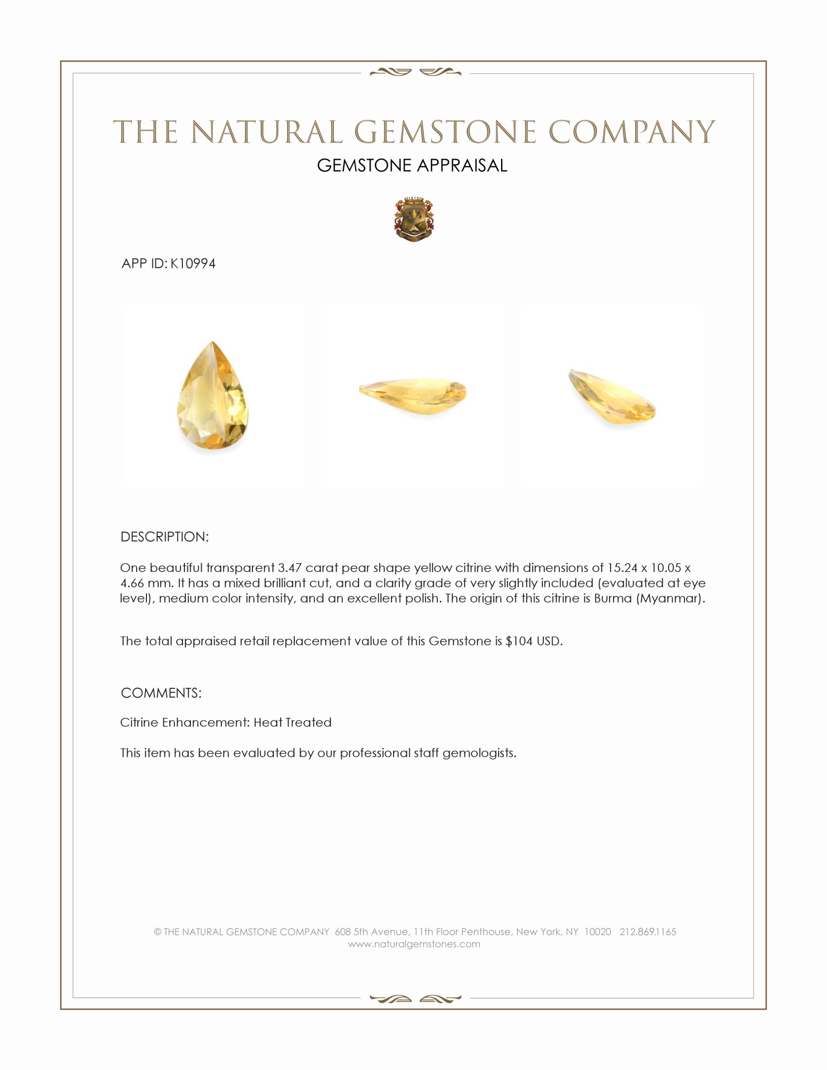 3.47 Ct. Yellow Citrine from Burma (Myanmar)