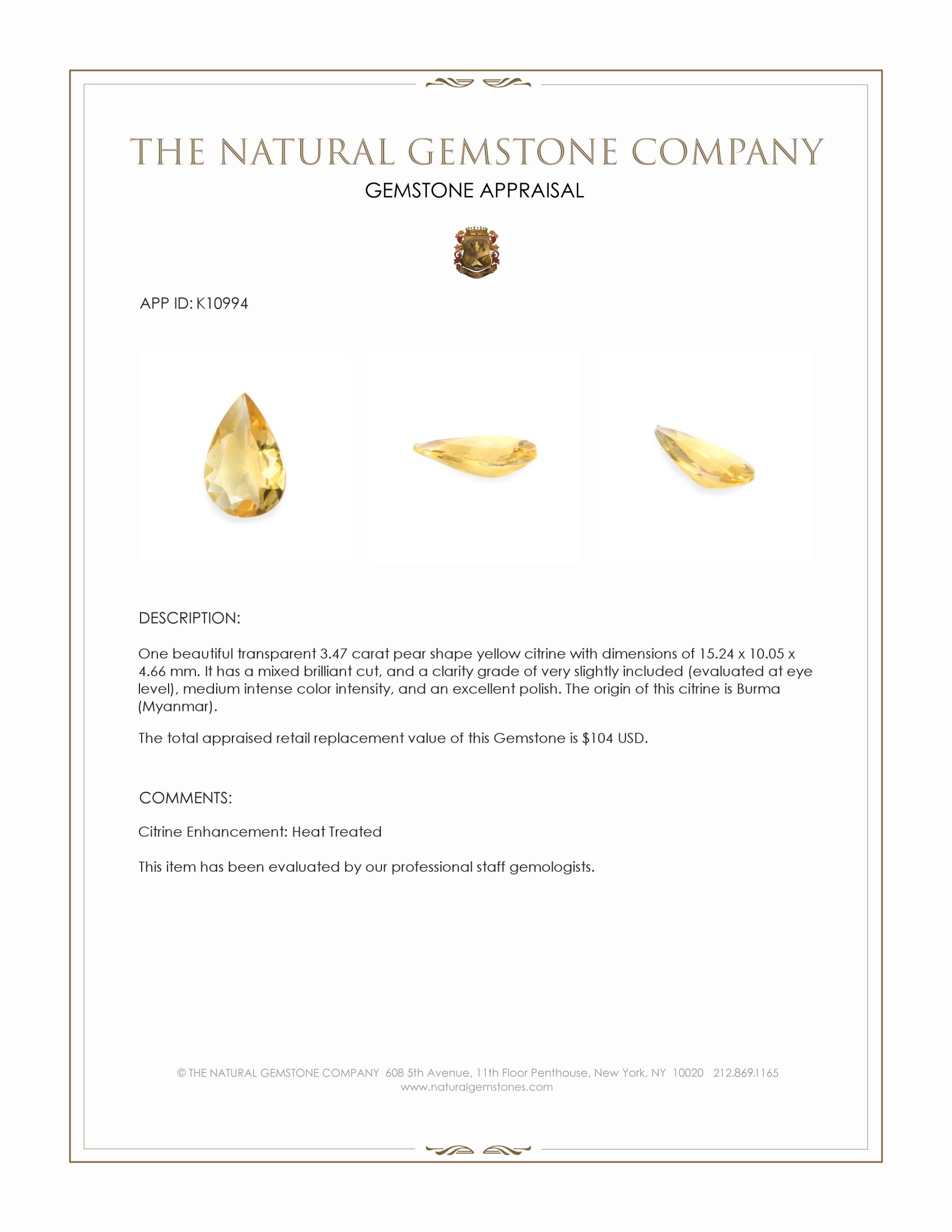 3.47 Ct. Citrine from Burma (Myanmar)