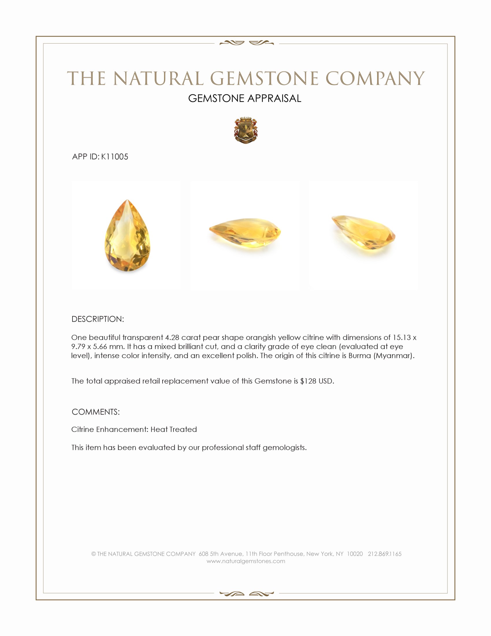 4.28 Ct. Orangish Yellow Citrine from Burma (Myanmar)