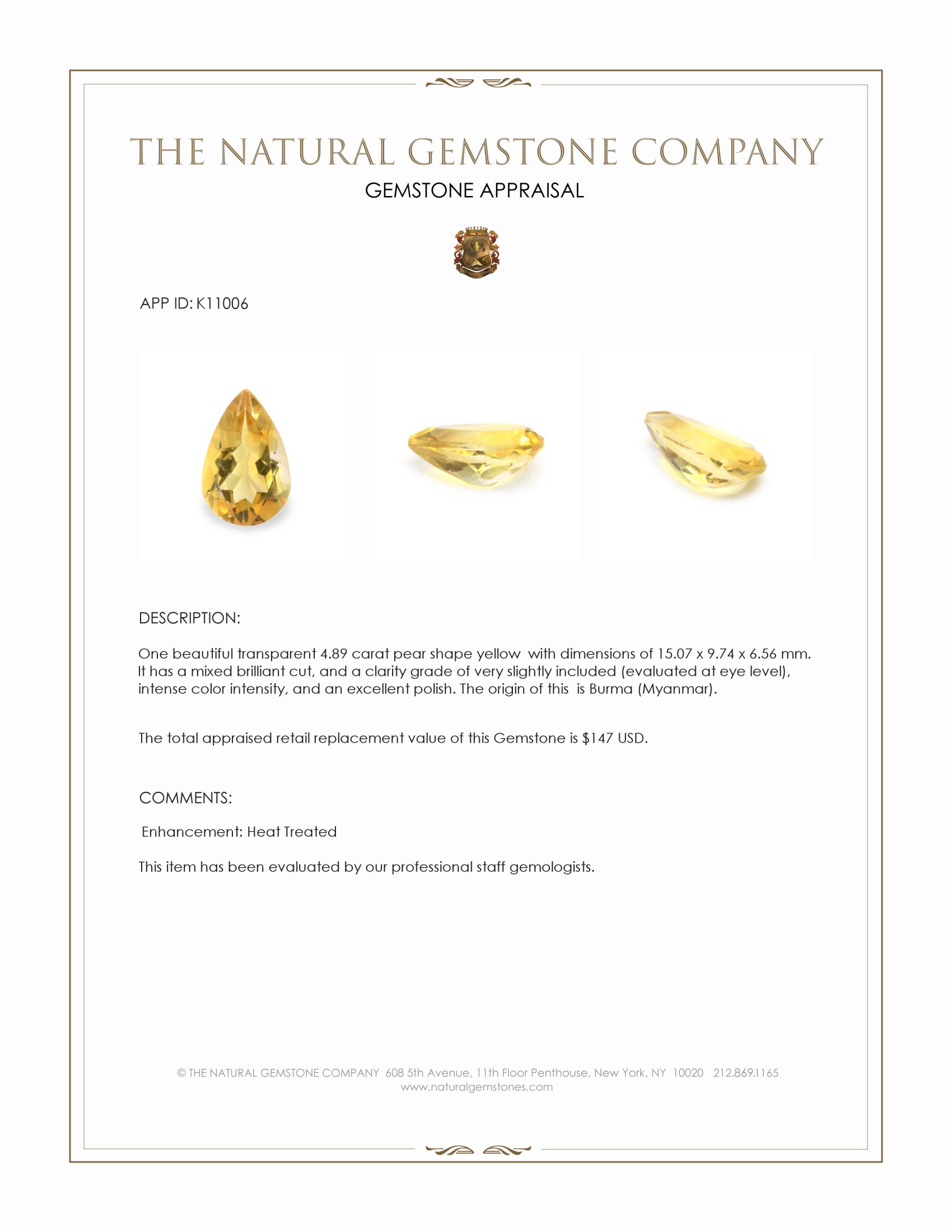 4.89 Ct. Yellow Citrine from Burma (Myanmar)