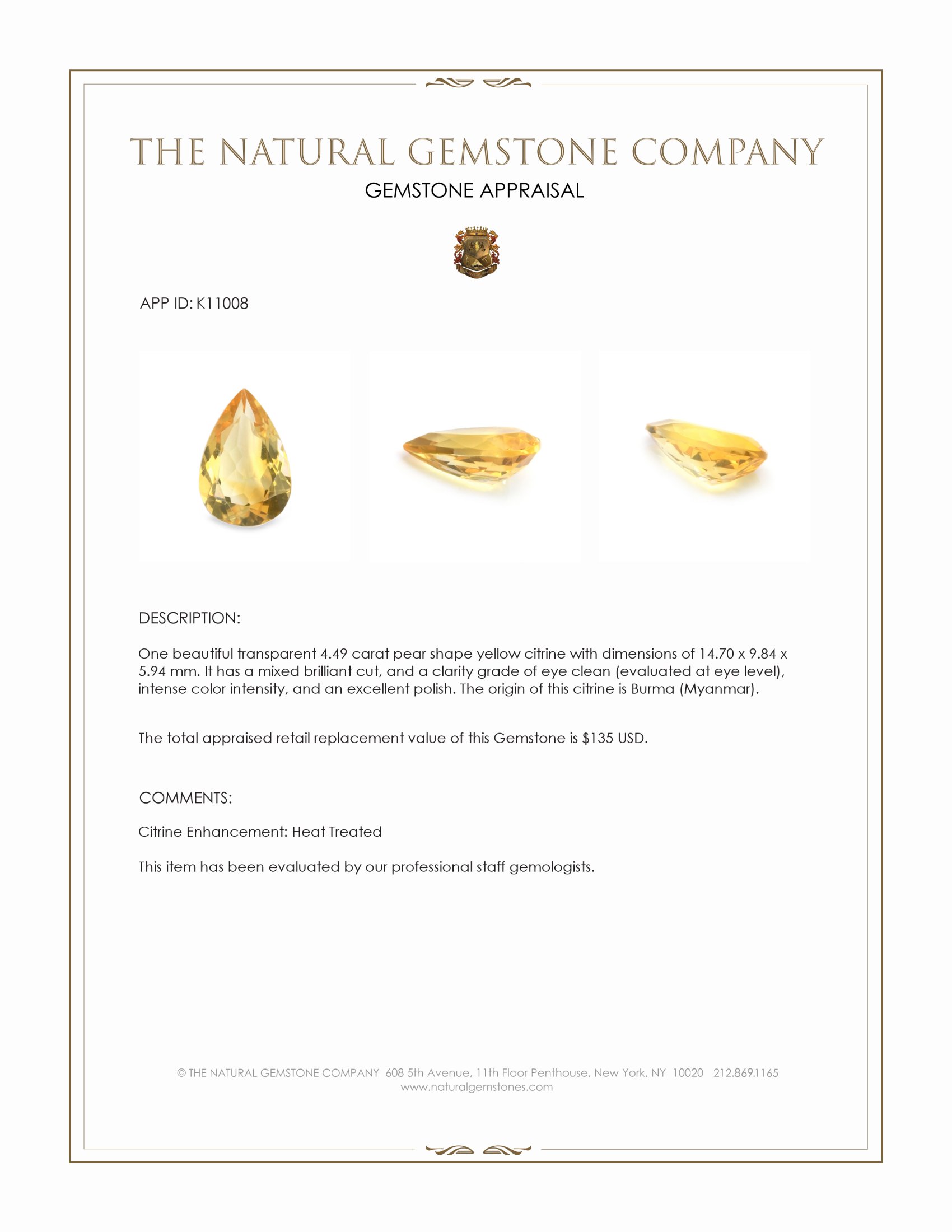 4.49 Ct. Citrine from Burma (Myanmar)