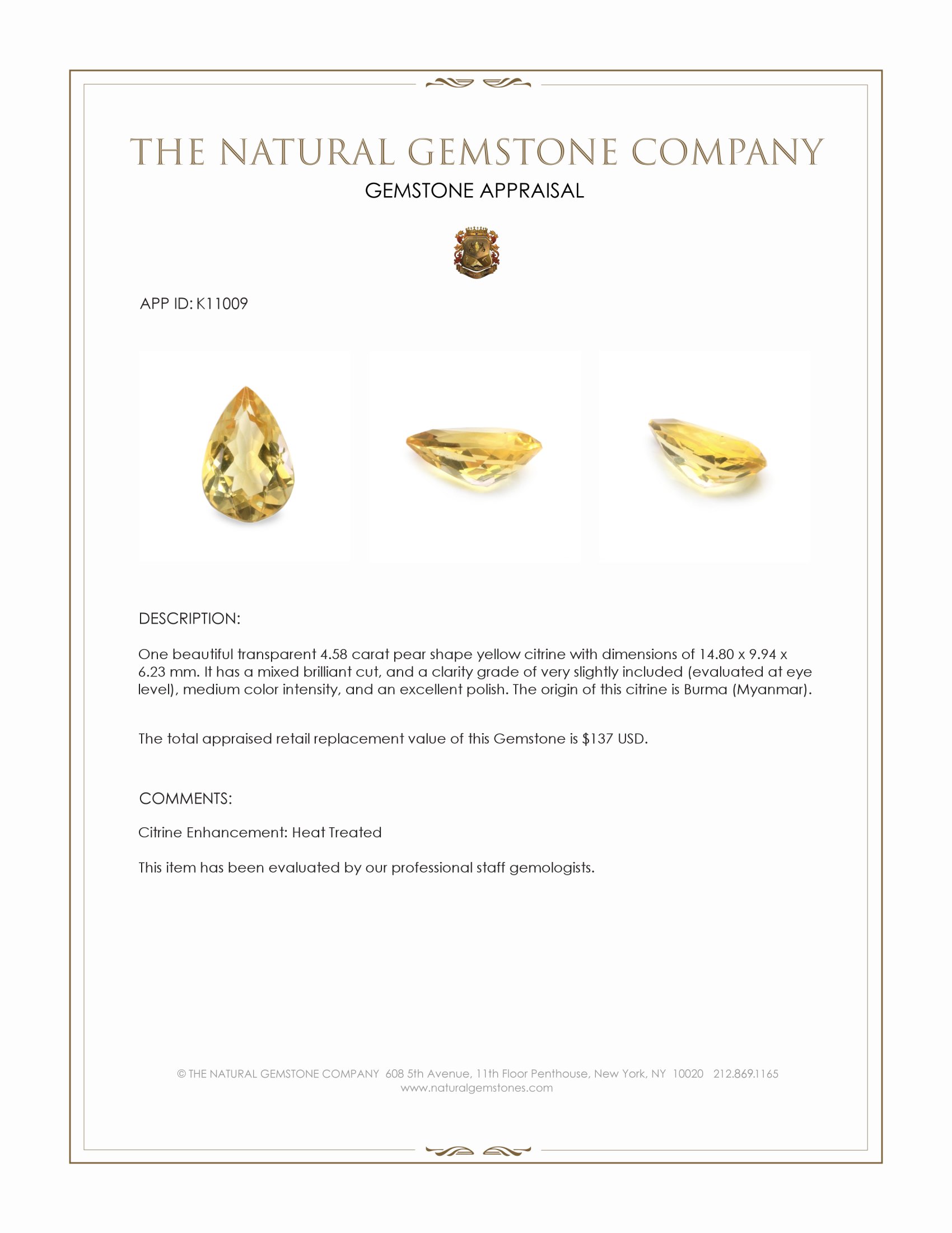 4.58 Ct. Yellow Citrine from Burma (Myanmar)