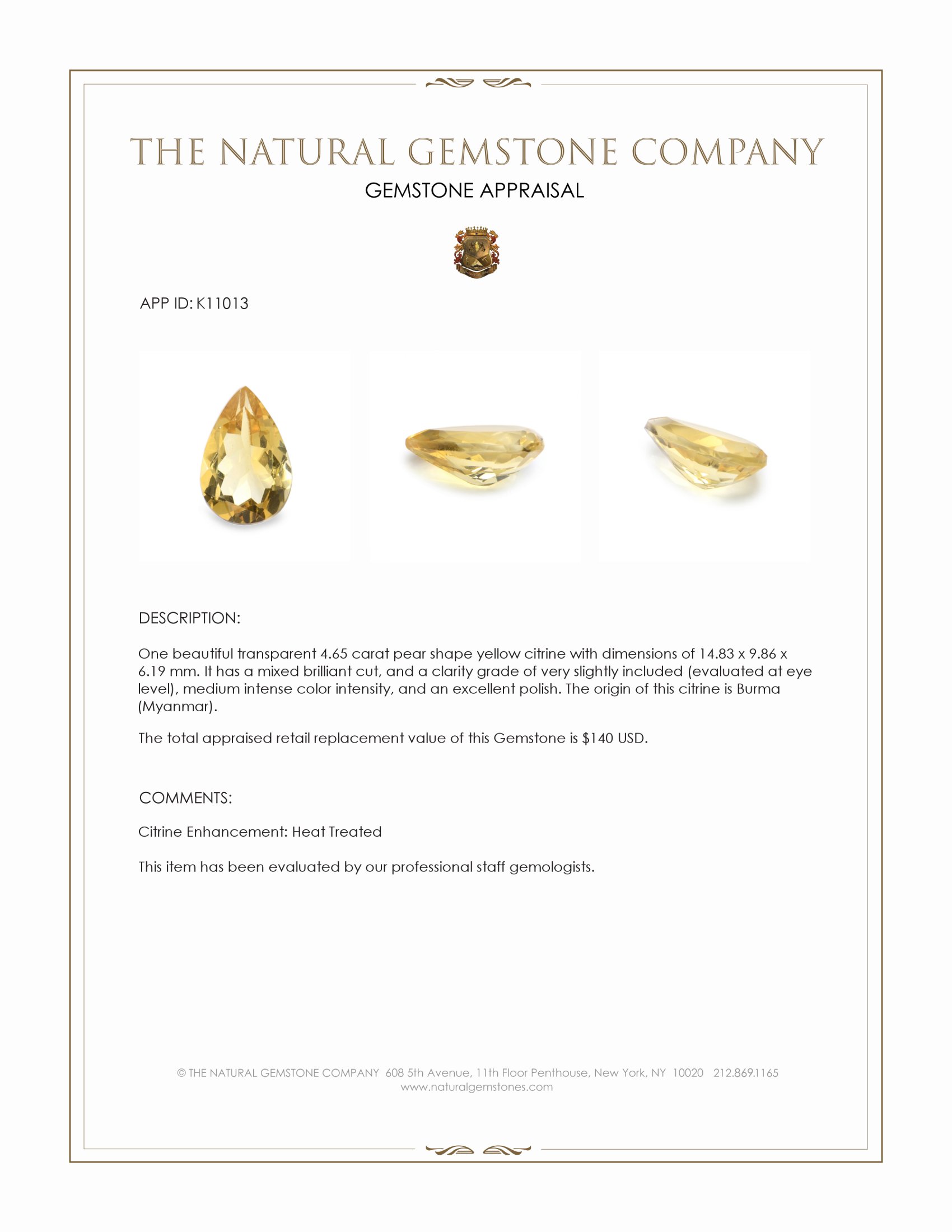 4.65 Ct. Citrine from Burma (Myanmar)