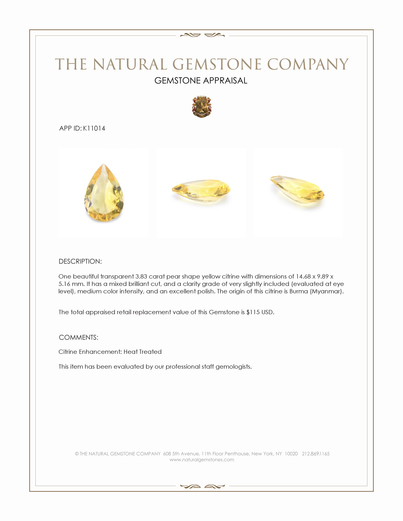 3.83 Ct. Yellow Citrine from Burma (Myanmar)