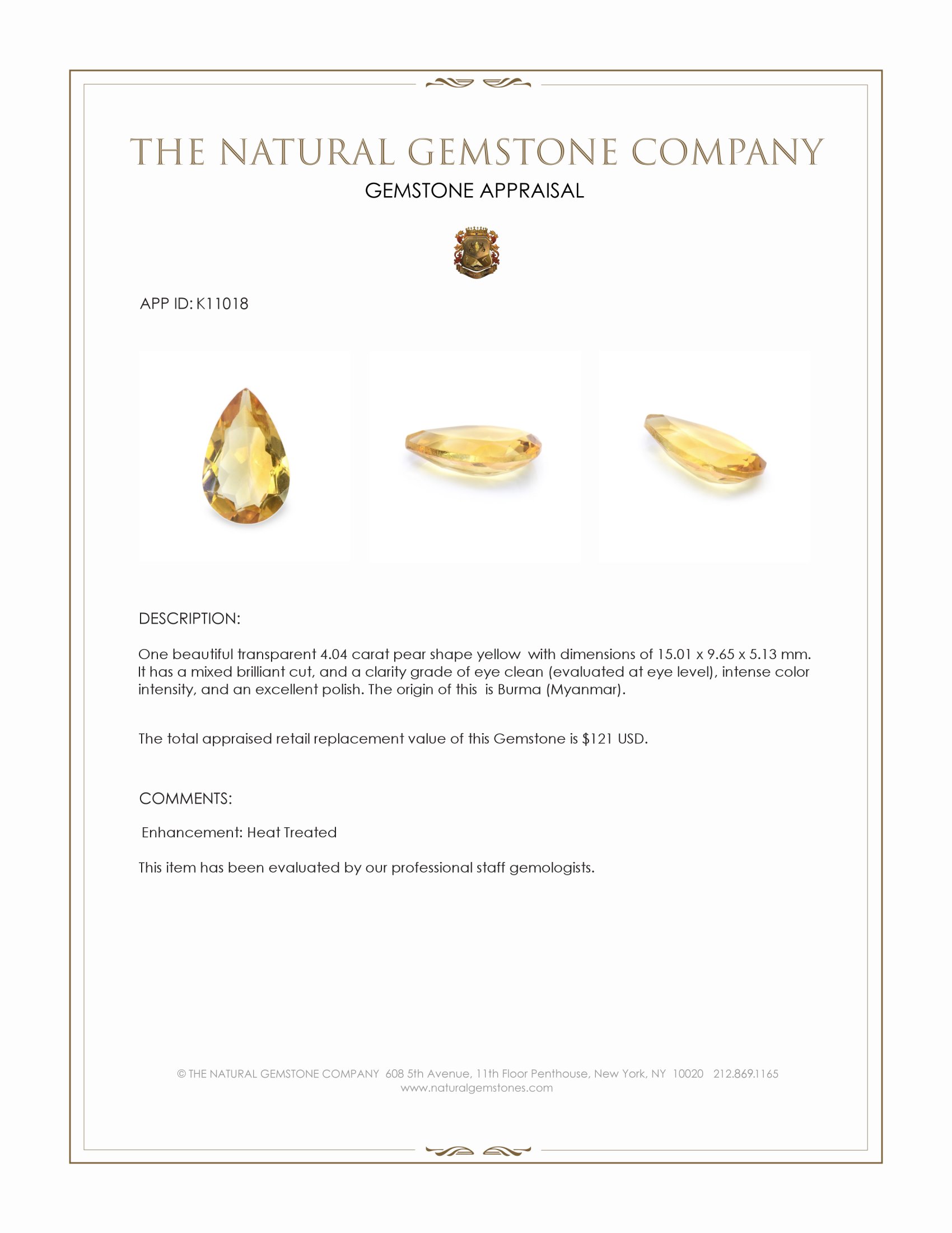 4.04 Ct. Yellow Citrine from Burma (Myanmar)