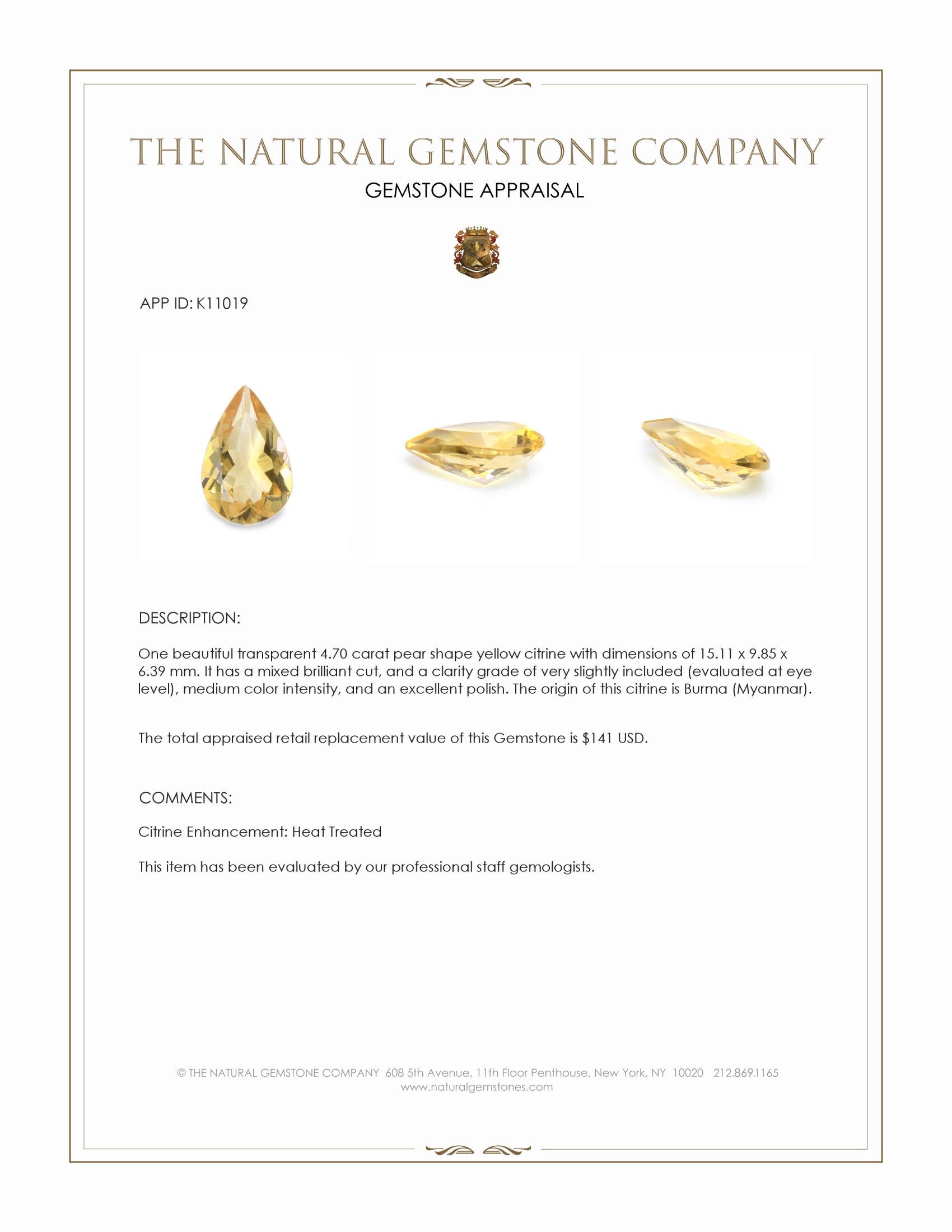 4.70 Ct. Yellow Citrine from Burma (Myanmar)