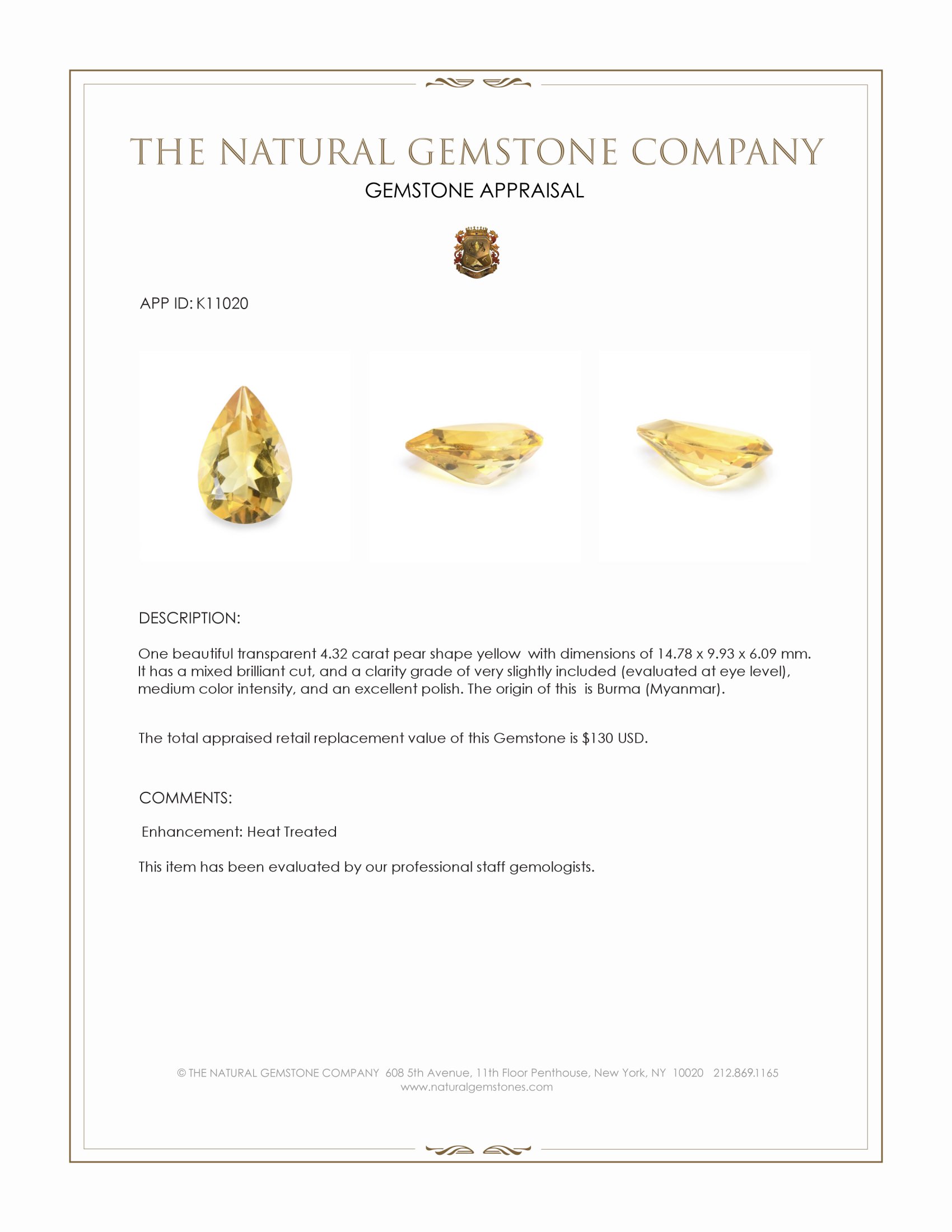 4.32 Ct. Yellow Citrine from Burma (Myanmar)