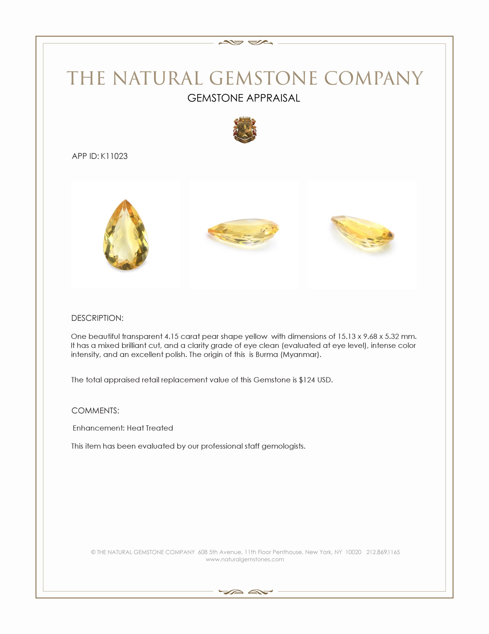 4.15 Ct. Yellow Citrine from Burma (Myanmar)