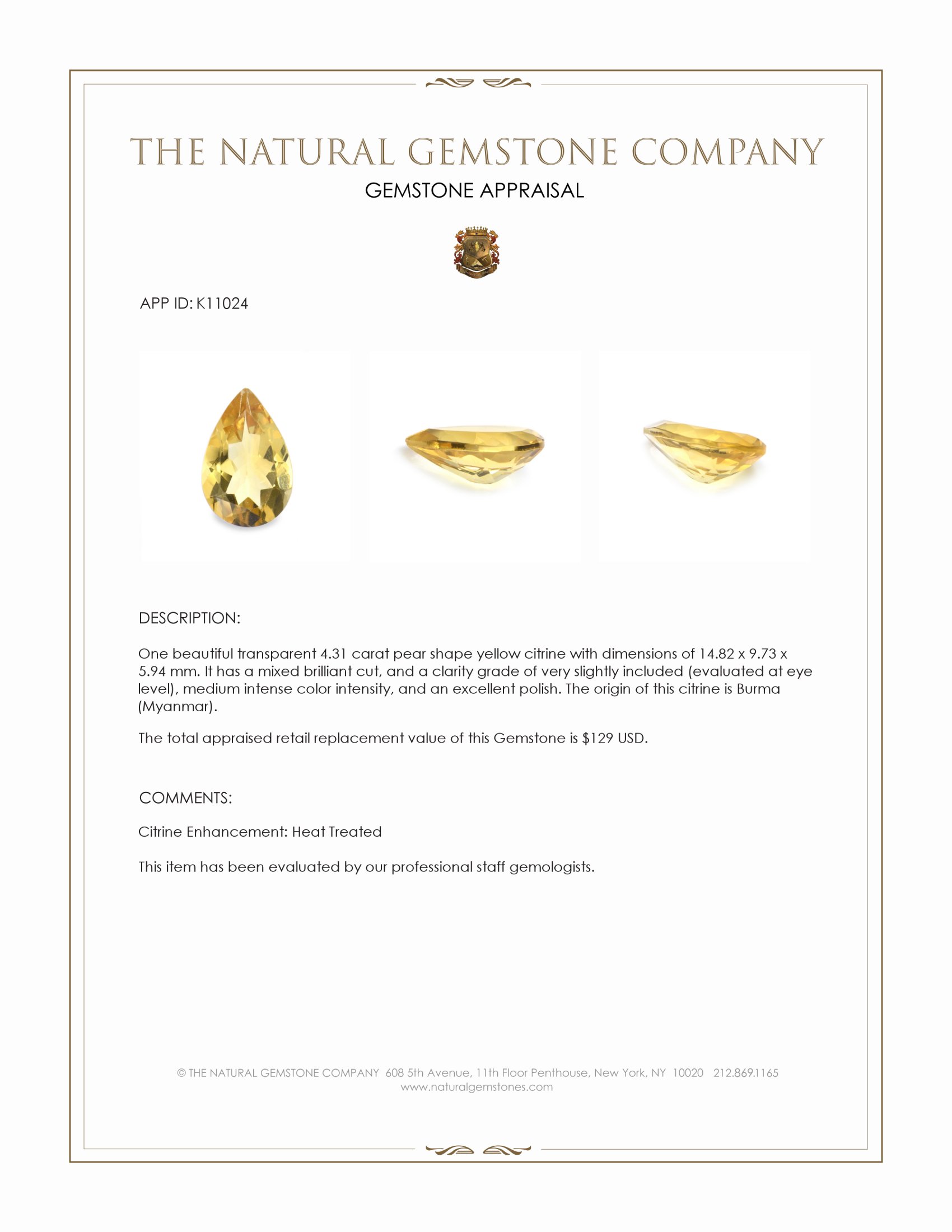 4.31 Ct. Citrine from Burma (Myanmar)