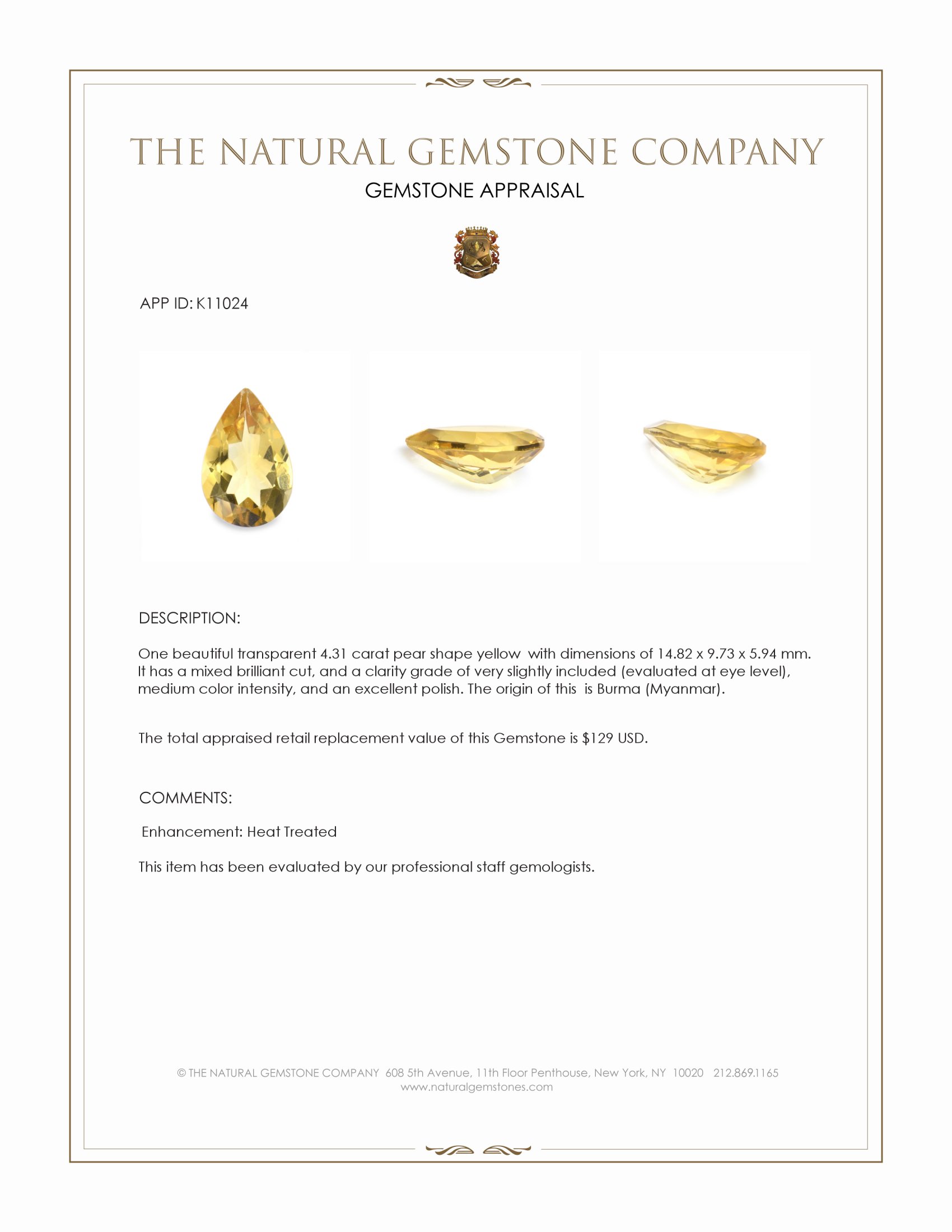 4.31 Ct. Yellow Citrine from Burma (Myanmar)