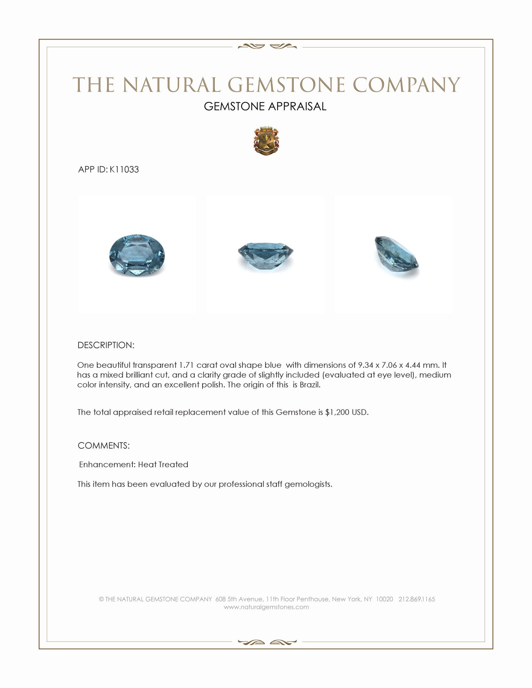 1.71 Ct. Blue Aquamarine from Brazil