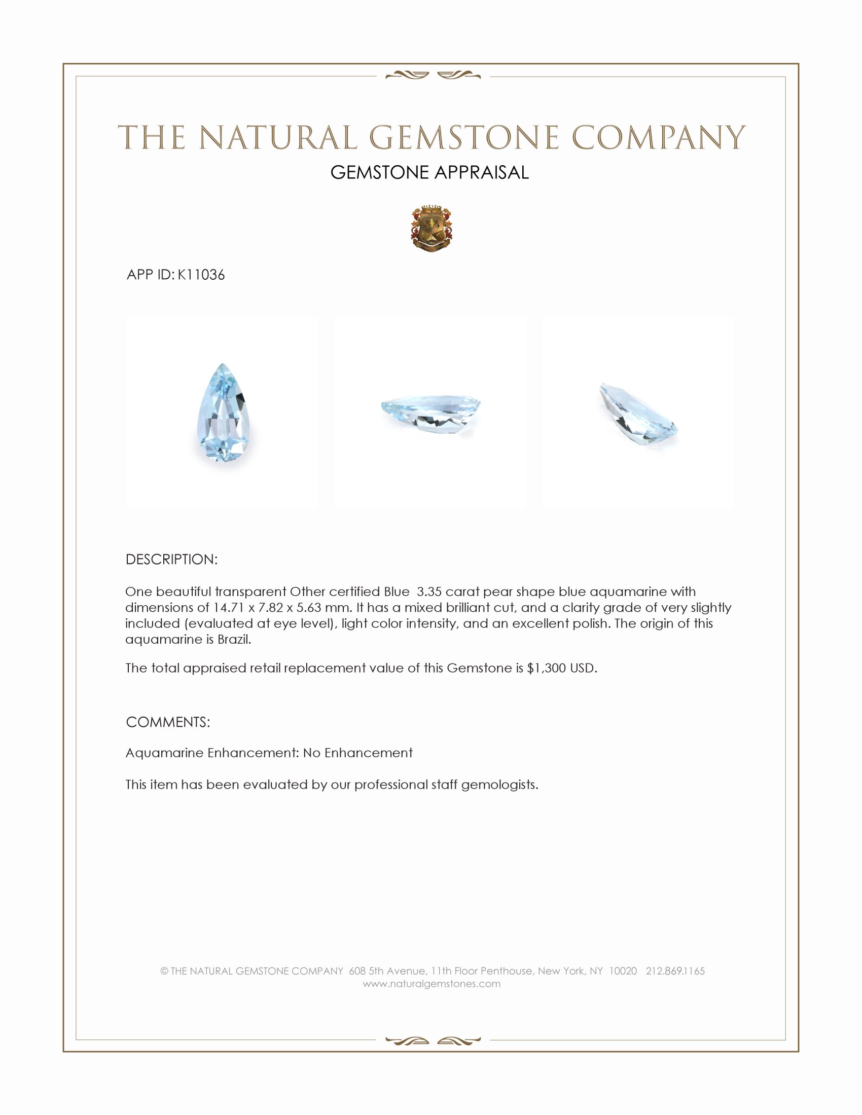 3.35 Ct. Blue Aquamarine from Brazil
