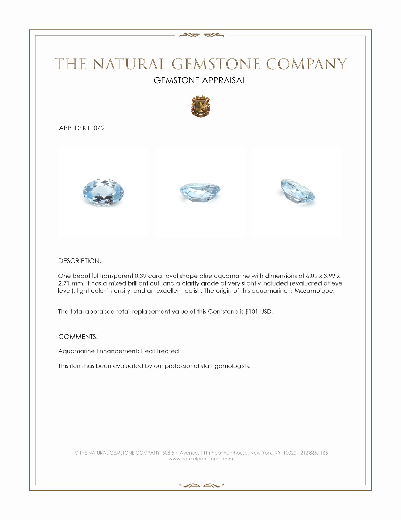 0.39 Ct. Blue Aquamarine from Mozambique