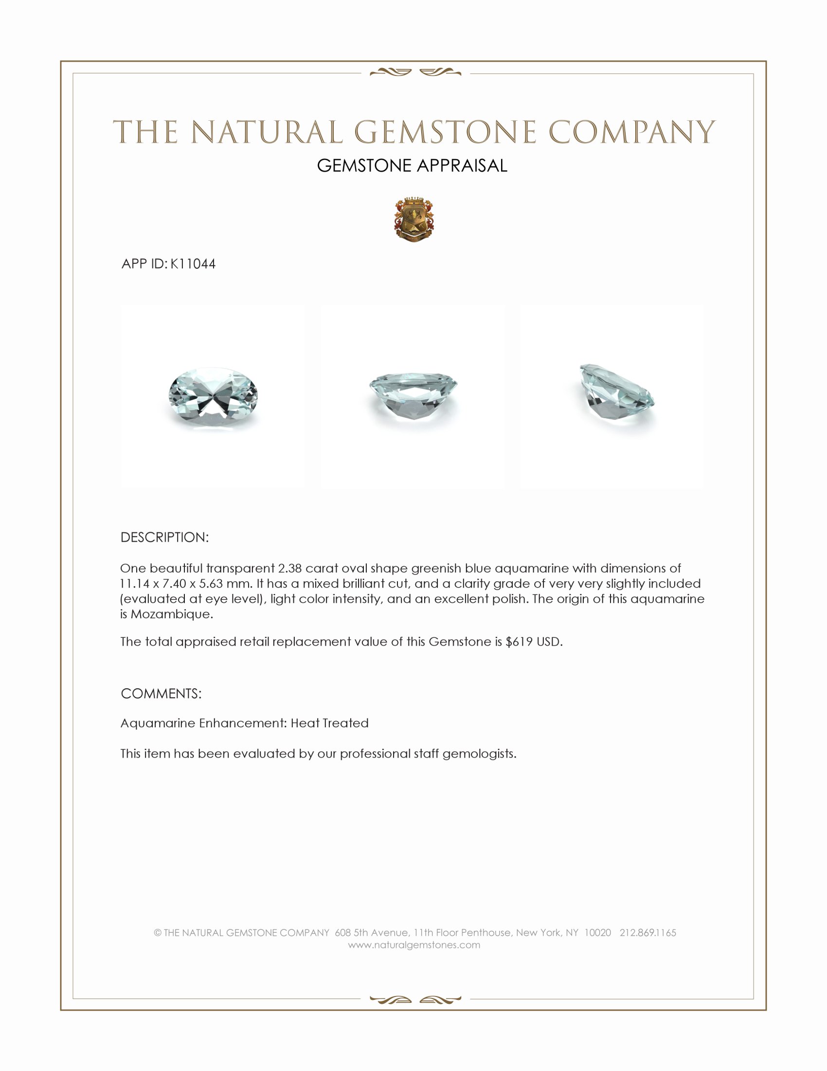 2.38 Ct. Greenish Blue Aquamarine from Mozambique