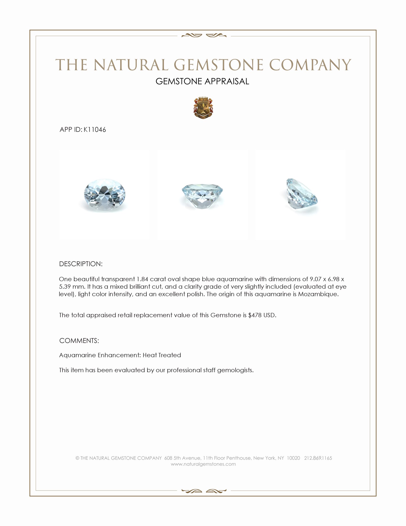 1.84 Ct. Aquamarine from Mozambique