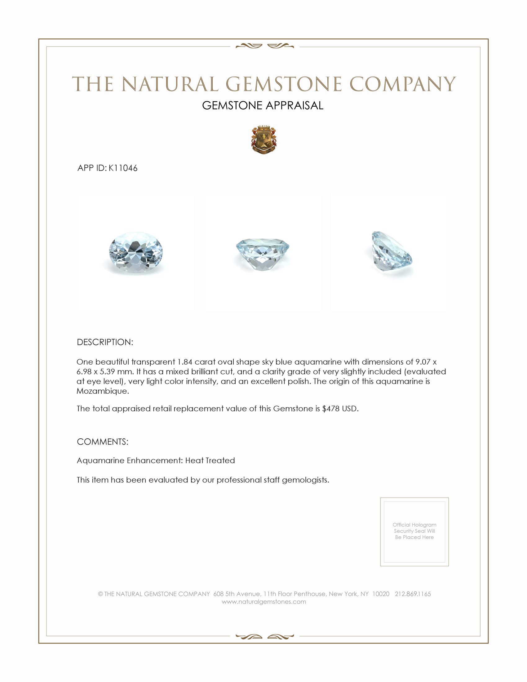 1.84 Ct. Aquamarine from Mozambique