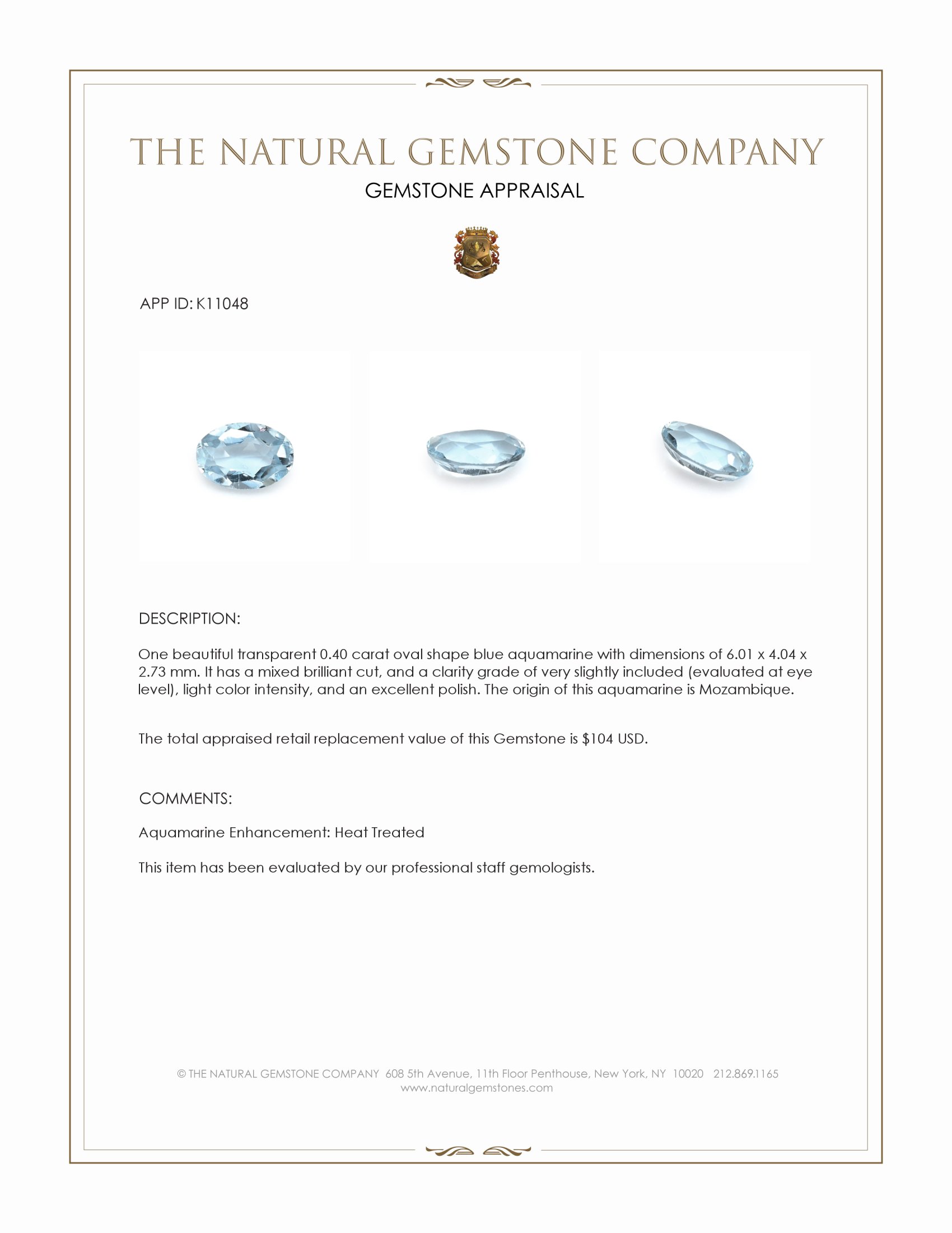 0.40 Ct. Blue Aquamarine from Mozambique