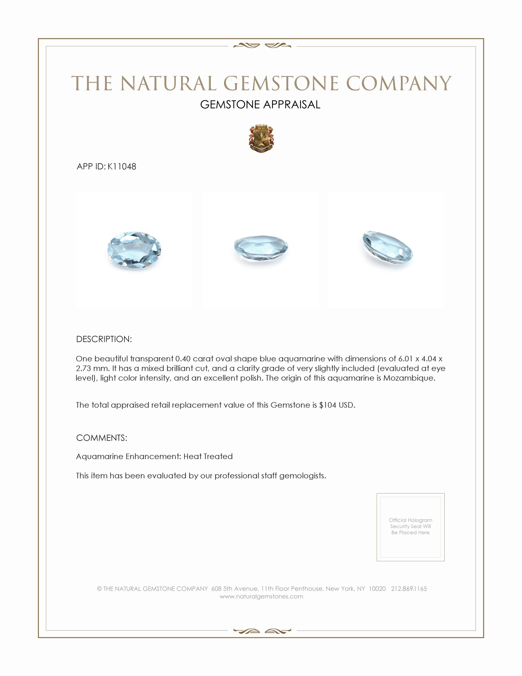 0.40 Ct. Aquamarine from Mozambique
