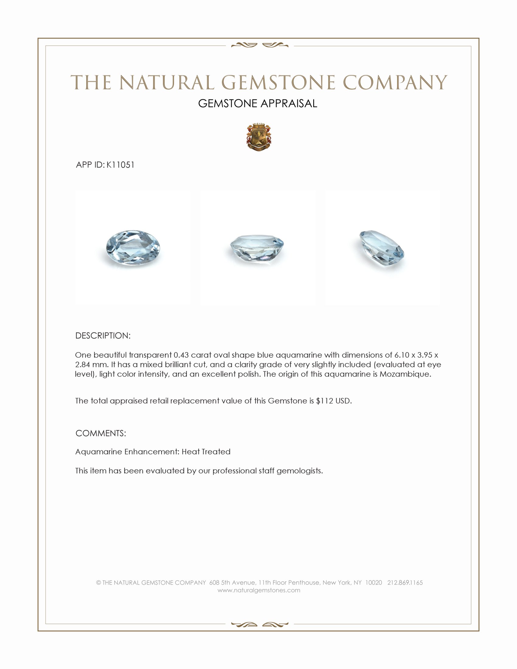 0.43 Ct. Blue Aquamarine from Mozambique