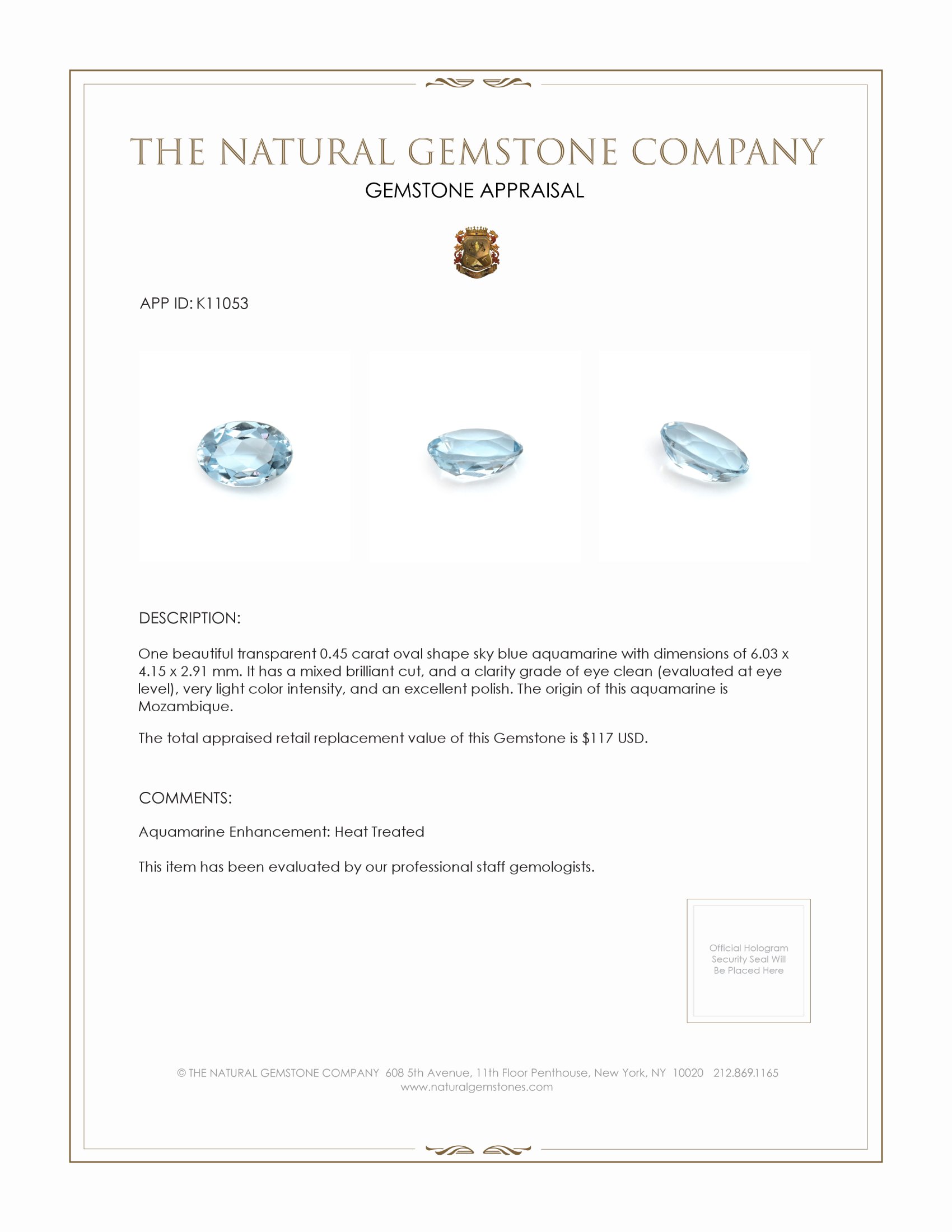 0.45 Ct. Blue Aquamarine from Mozambique