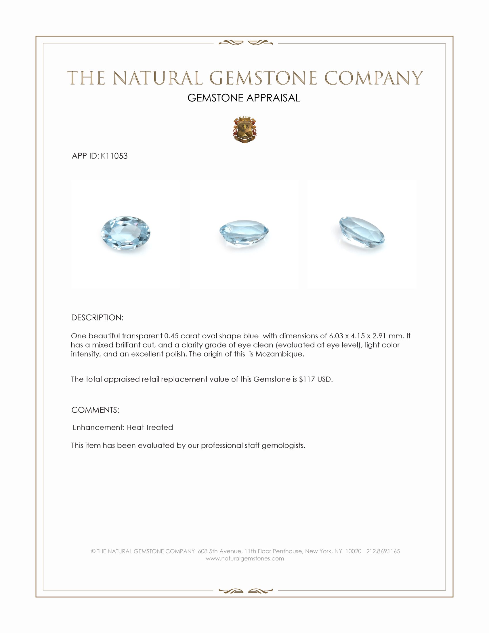 0.45 Ct. Blue Aquamarine from Mozambique