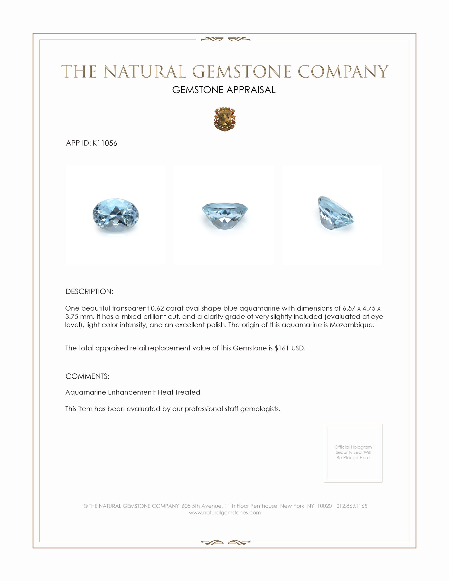 0.62 Ct. Aquamarine from Mozambique