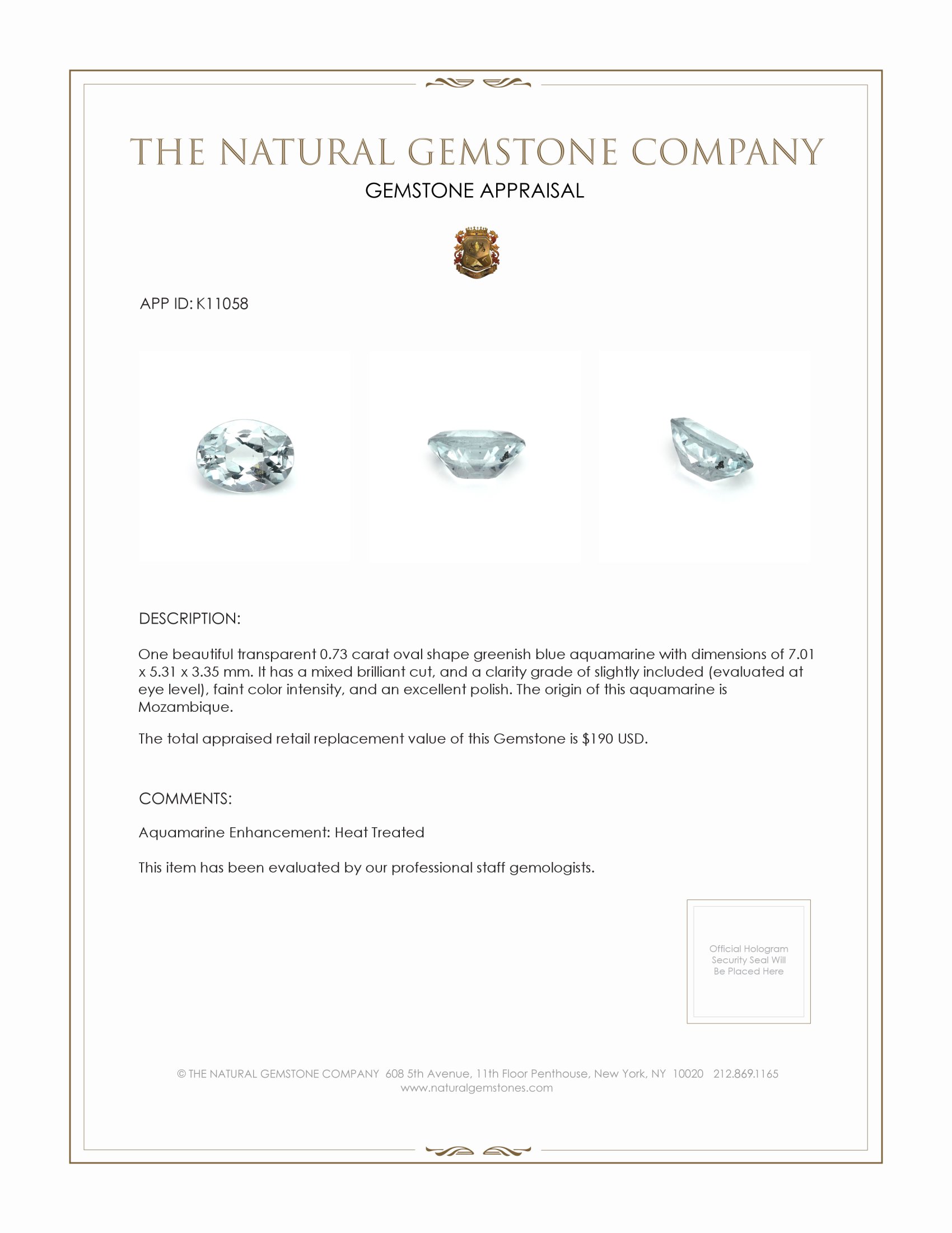 0.73 Ct. Greenish Blue Aquamarine from Mozambique