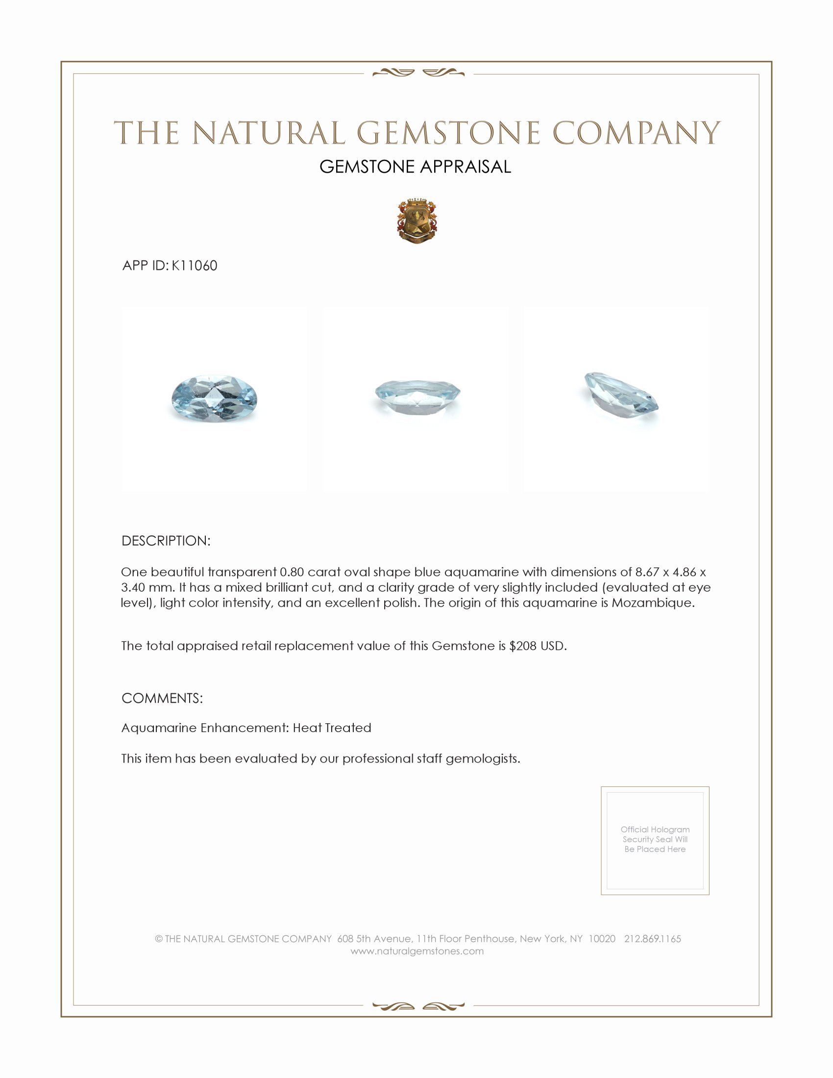 0.80 Ct. Aquamarine from Mozambique
