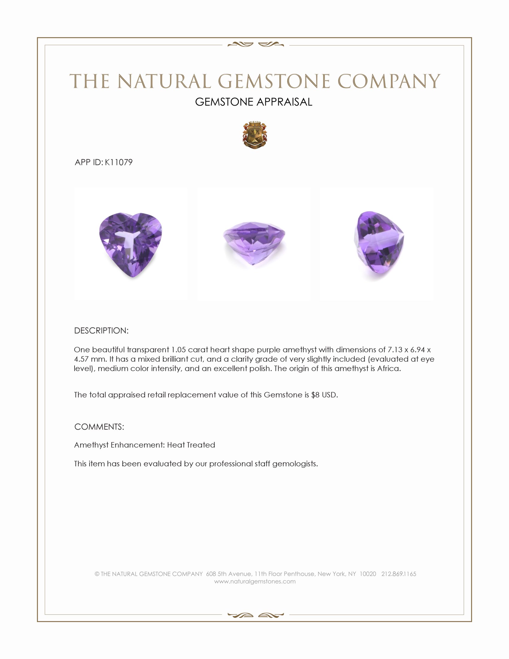1.05 Ct. Purple Amethyst from Africa