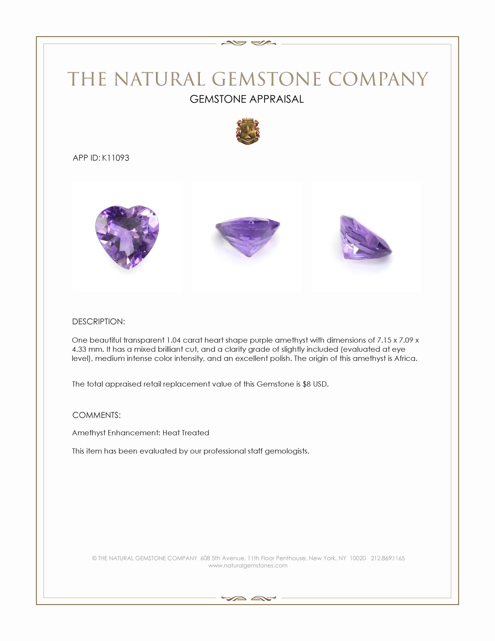 1.04 Ct. Amethyst from Africa