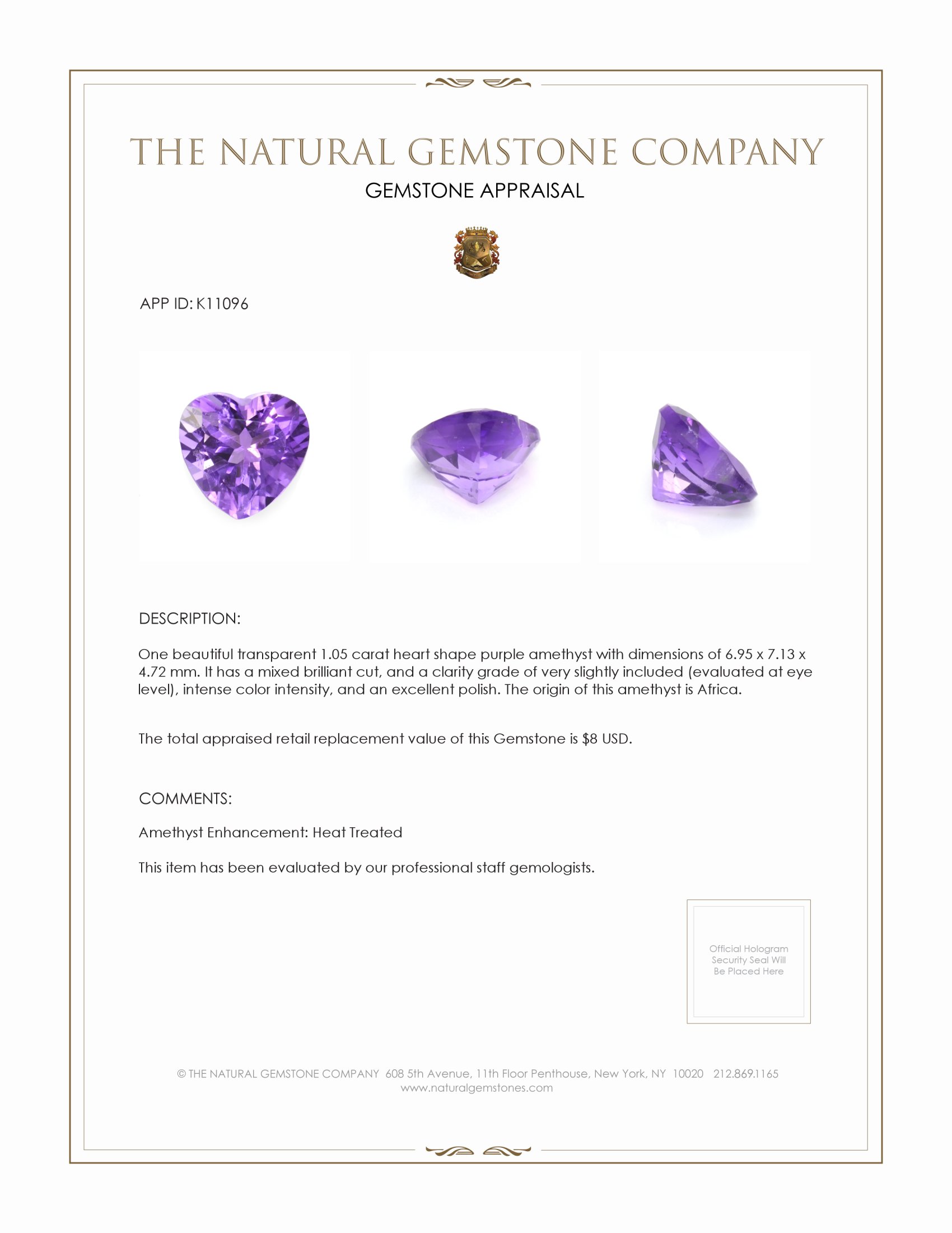 1.05 Ct. Purple Amethyst from Africa