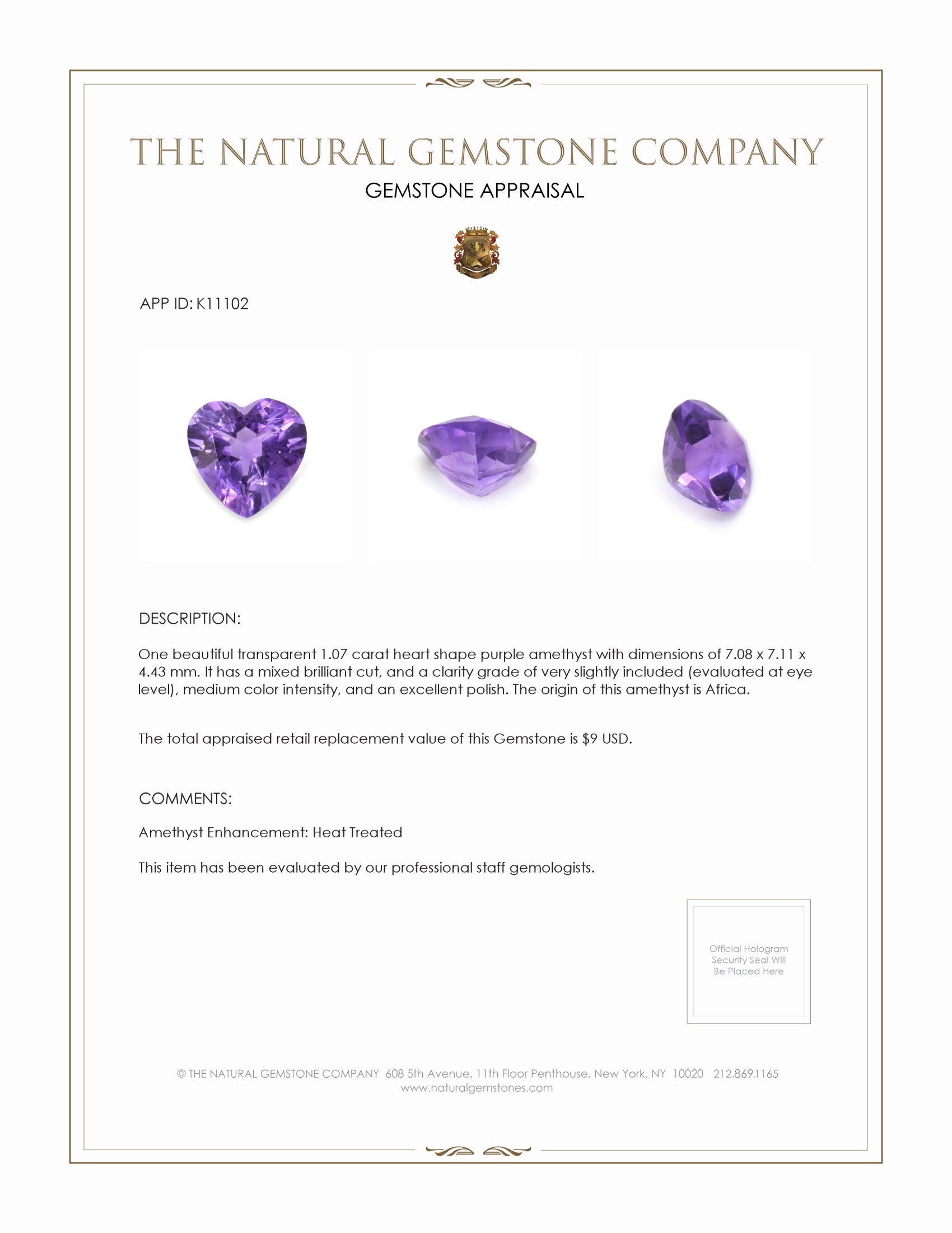 1.07 Ct. Purple Amethyst from Africa