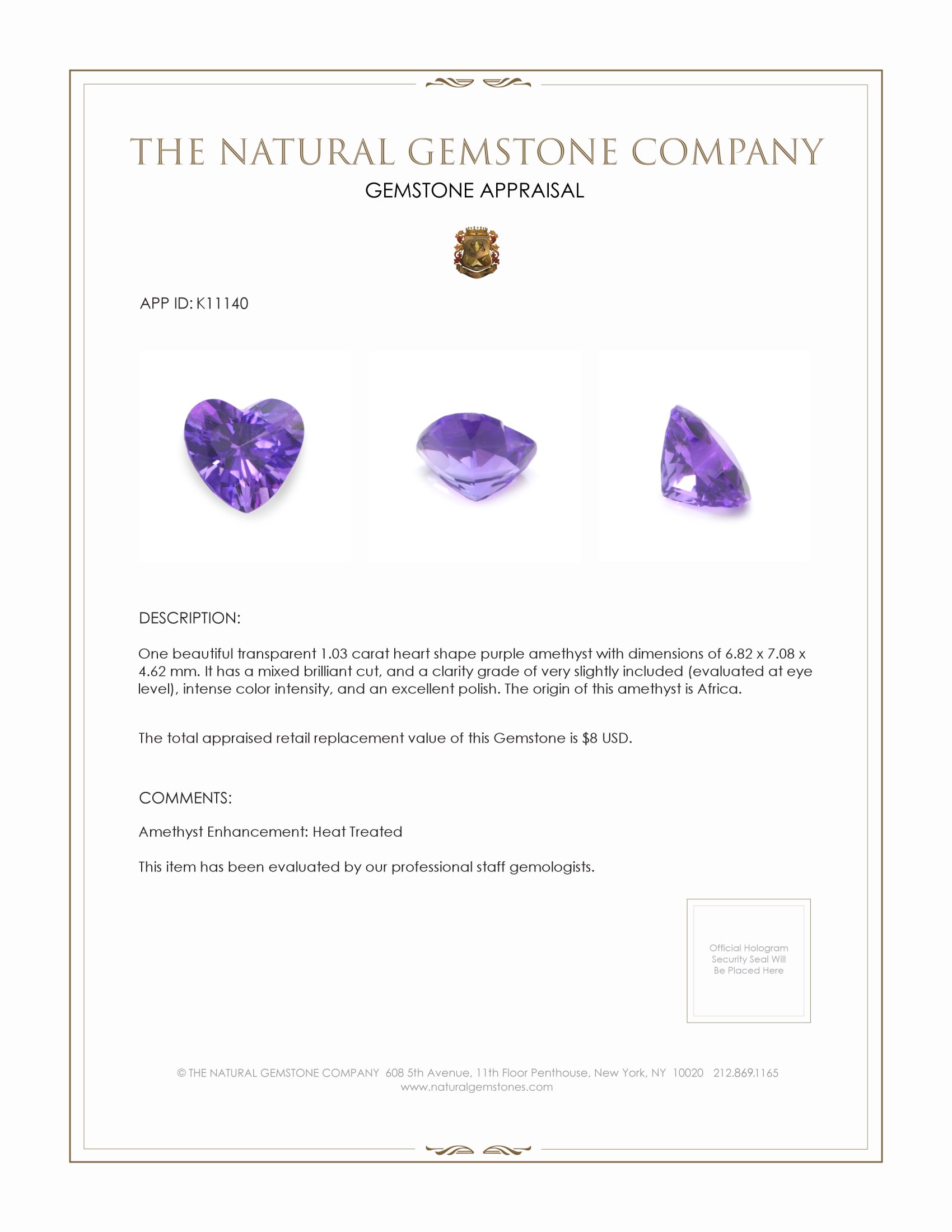 1.03 Ct. Amethyst from Africa