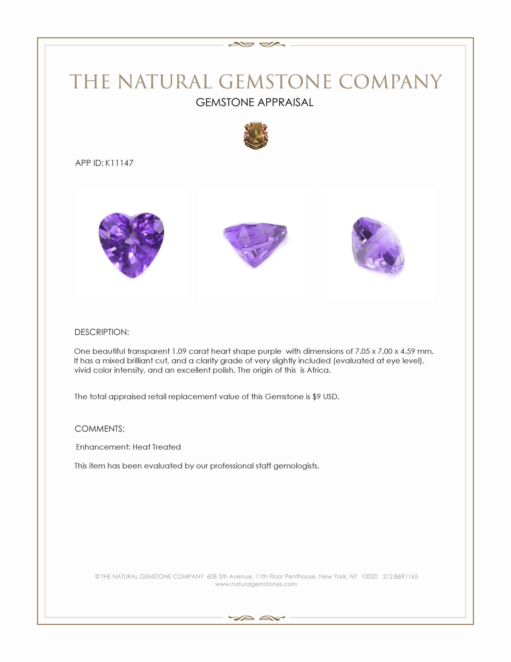 1.09 Ct. Purple Amethyst from Africa