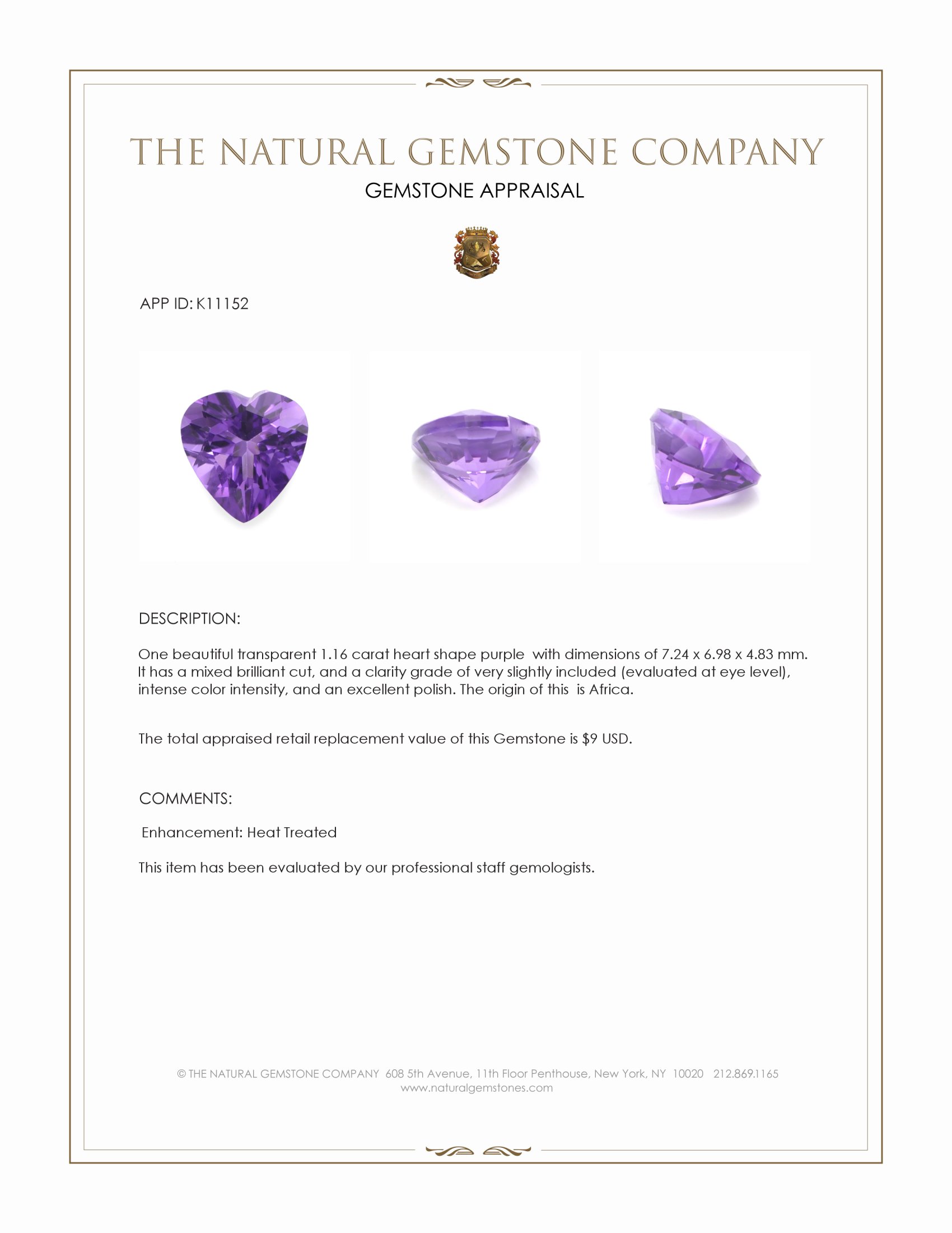 1.16 Ct. Purple Amethyst from Africa