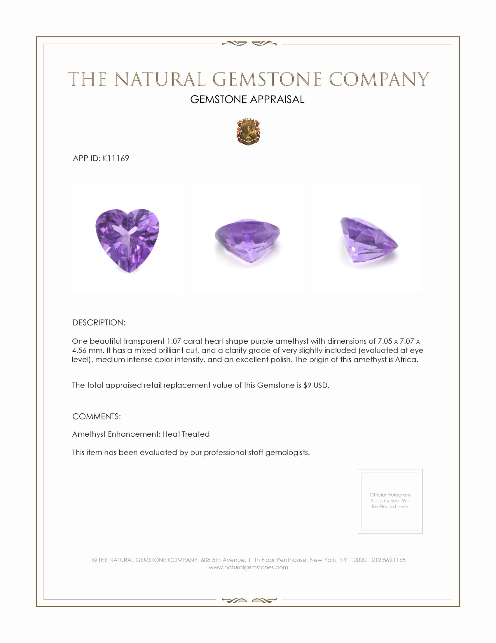 1.07 Ct. Purple Amethyst from Africa