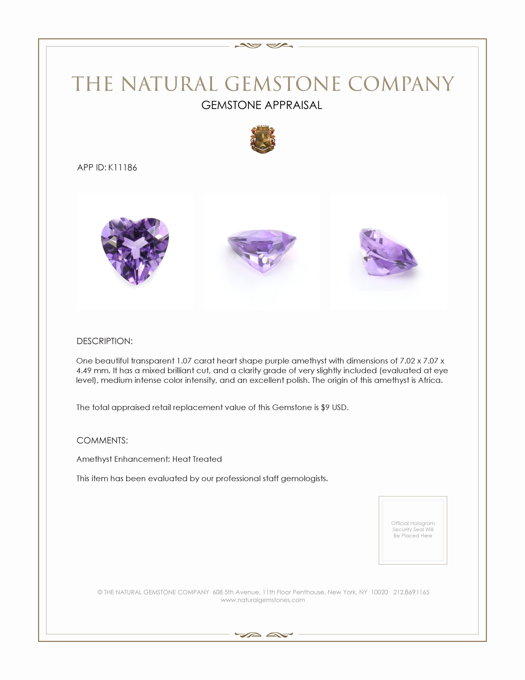 1.07 Ct. Amethyst from Africa