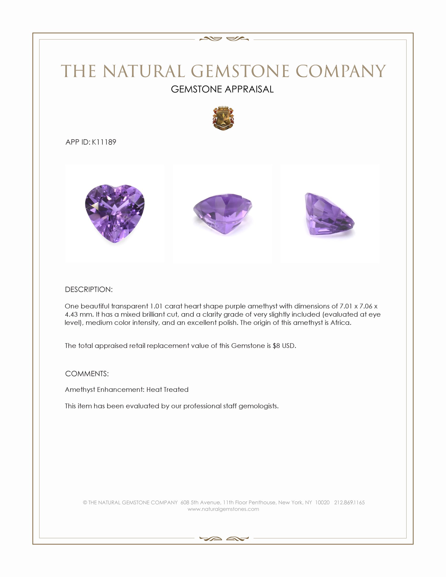 1.01 Ct. Amethyst from Africa