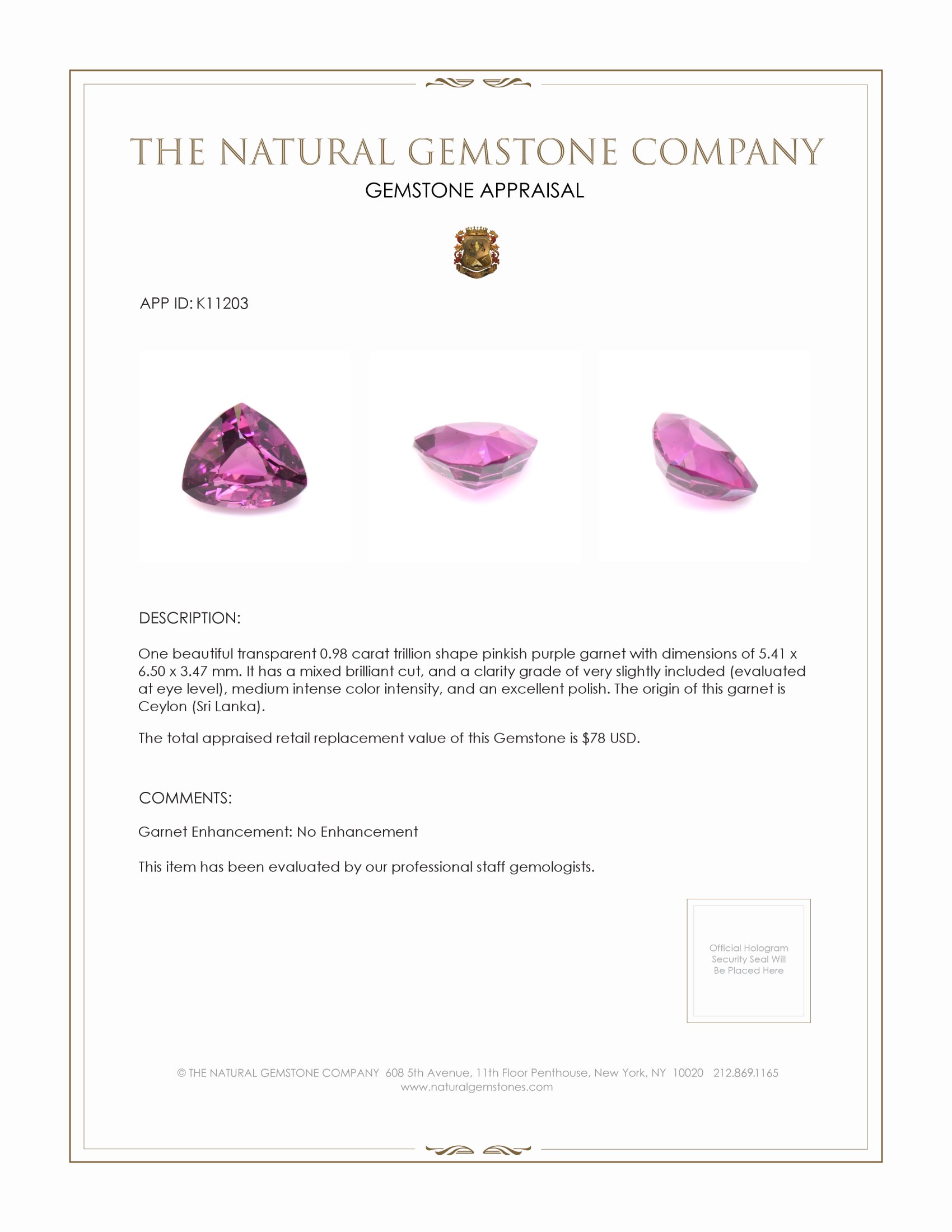 0.98 Ct. Garnet from Ceylon (Sri Lanka)