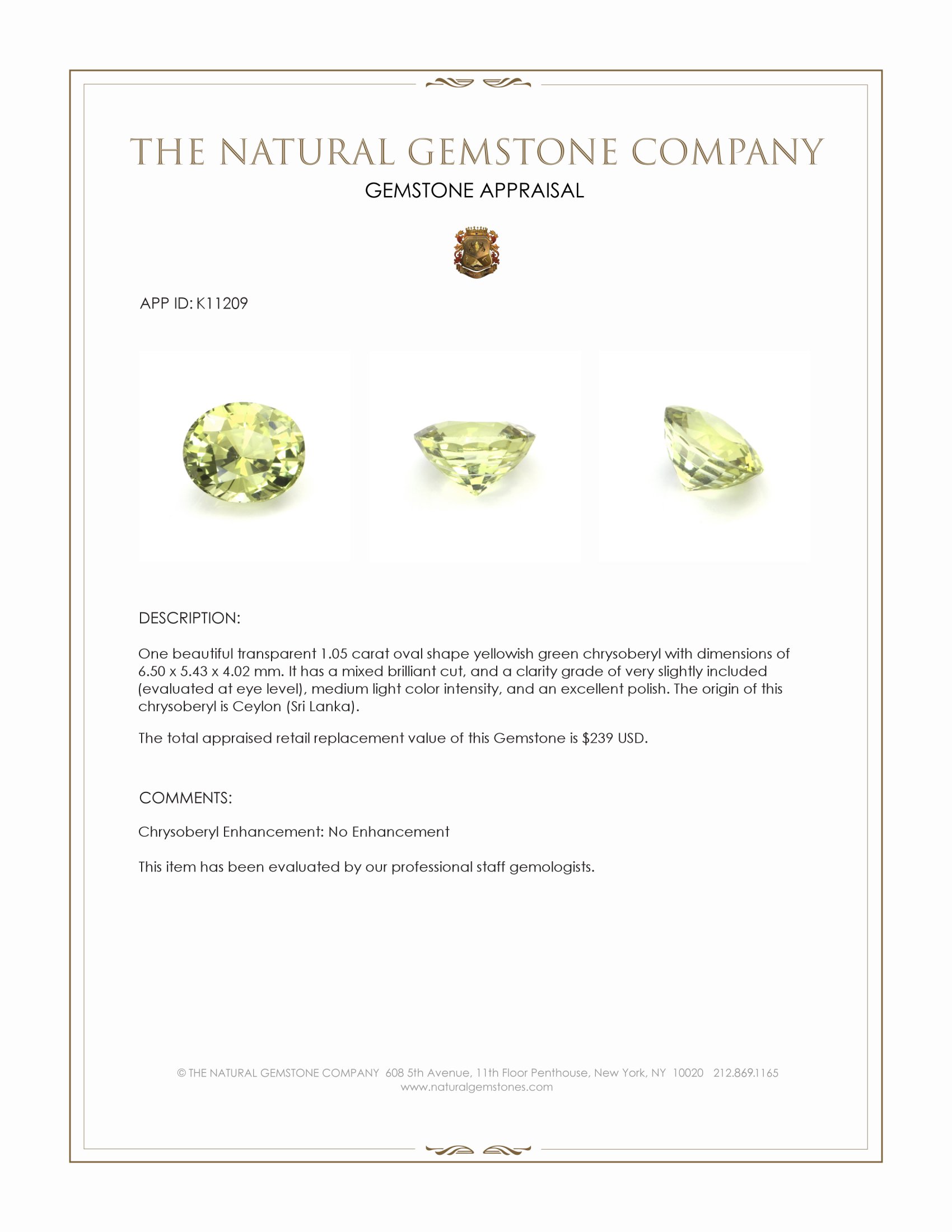 1.05 Ct. Chrysoberyl from Ceylon (Sri Lanka)