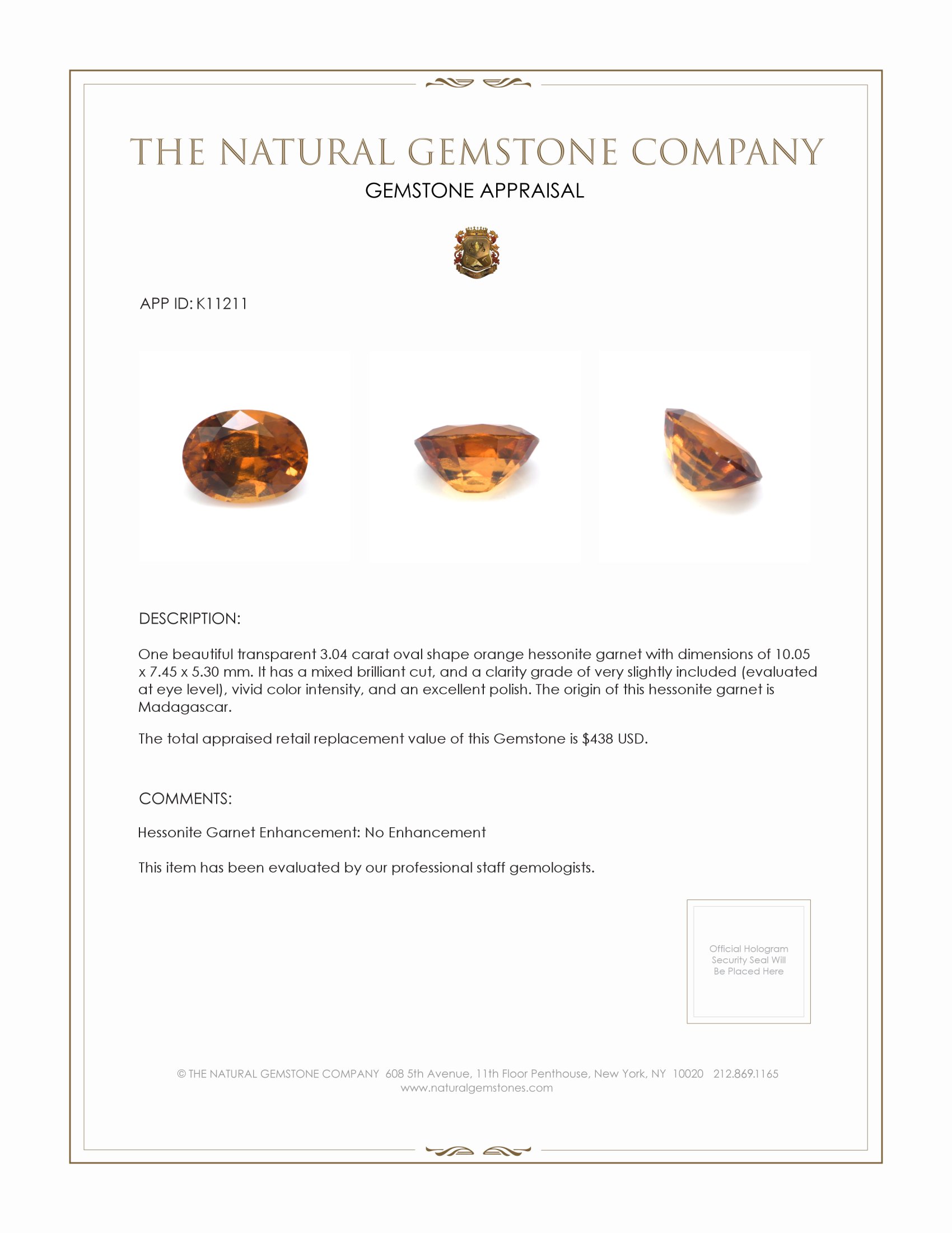 3.04 Ct. Hessonite Garnet from Madagascar
